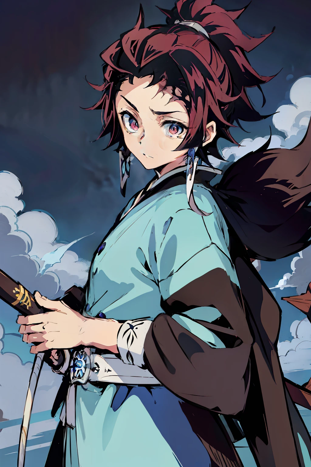 Masterpiece artwork, best qualityer, 1boy, Demon Slayer art, kimono black, blue haori with white clouds, Japanese clothing, 耳环, long hair, sleeveless_long, Caucasian skin, black hair with some red highlights. naughty man, It has blue eyes that are always shining. Wears a completely black kimono and a Haori decorated with white clouds, 's uniform. Holding a blue-colored sword. Blue blade