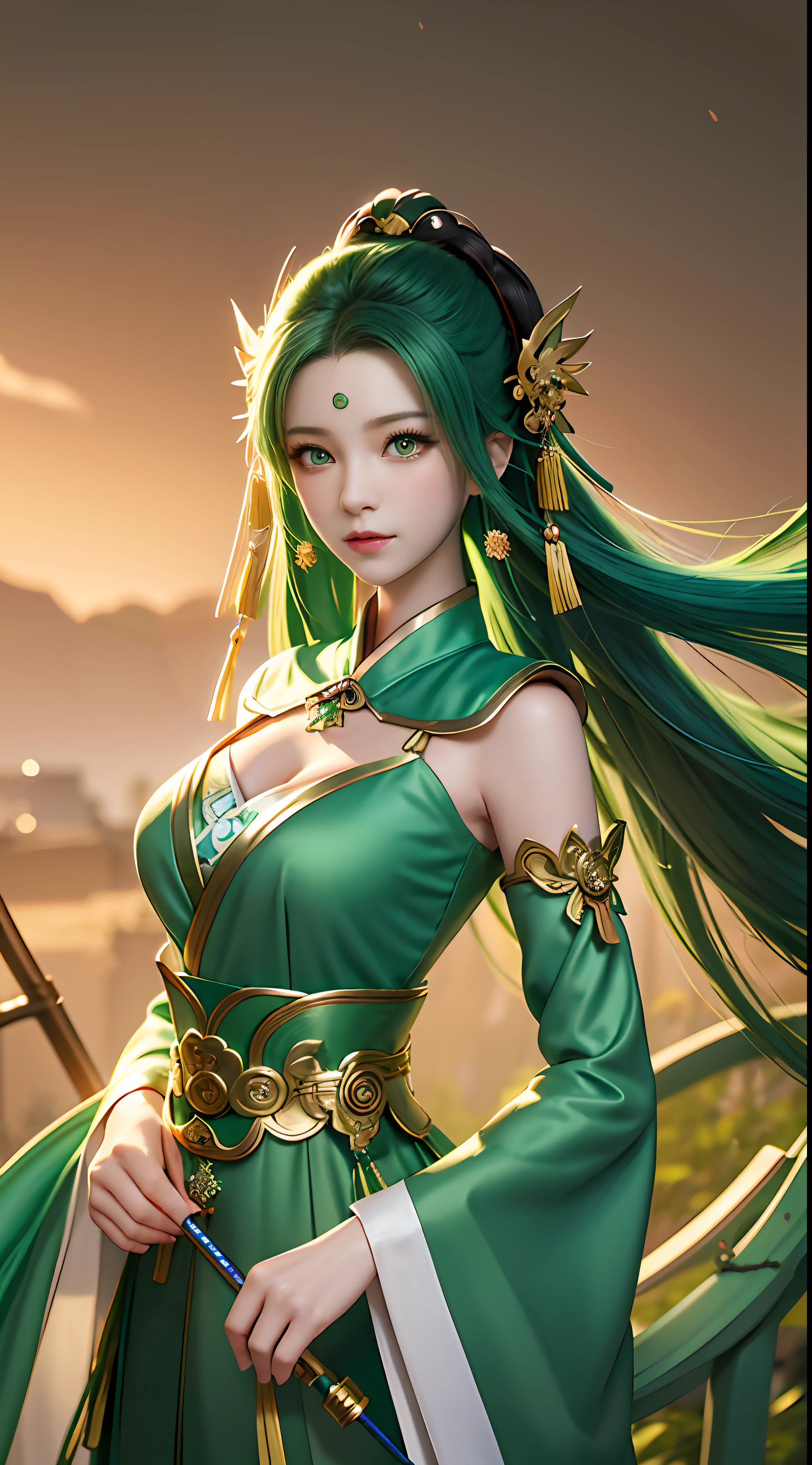 anime girl in green dress with green eyes and green hair, palace ， a girl in hanfu, artwork in the style of guweiz, guweiz, beautiful character painting, by Yang J, beautiful digital artwork, chinese style, inspired by Ai Xuan, inspired by Feng Zhu, by Li Fangying, trending on cgstation, by Ye Xin