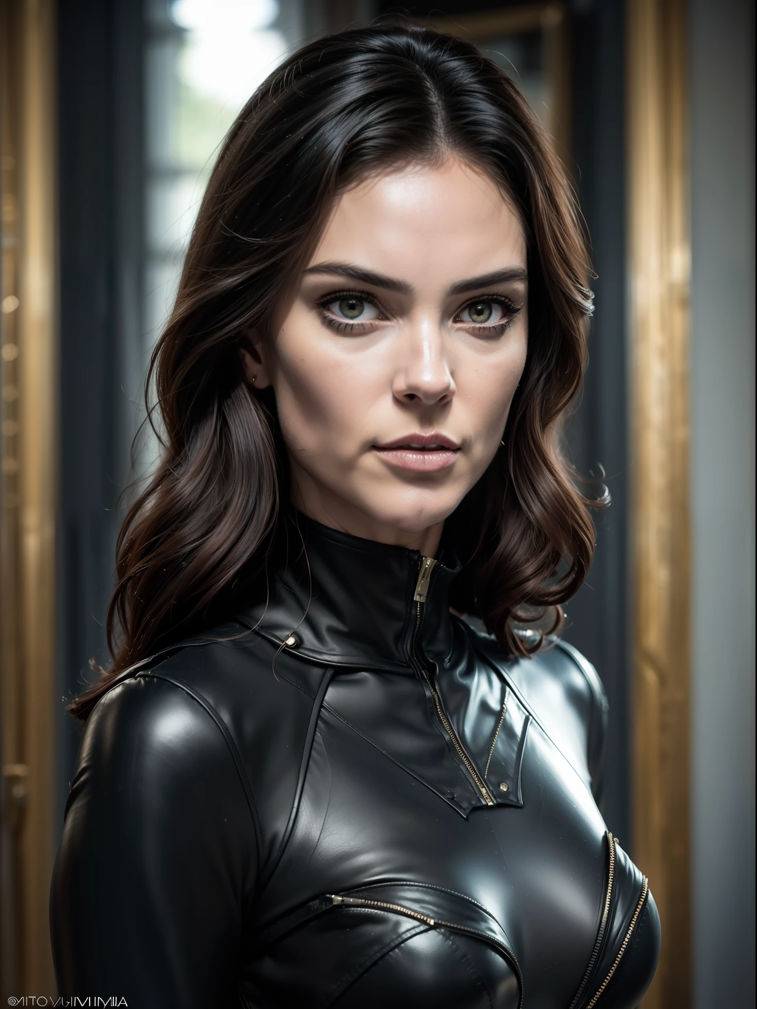 mulher gato, (((inspirada em "Selina Kyle" do filme "mulher gato"))), roupas de Alien, ((Autorretrato de rosto frontal)), 8k hd, DSLR, grão de filme, pintura fotorrealista Fujifilm XT3 art midjourney, ((como Selina Kyle)), (NSFW)