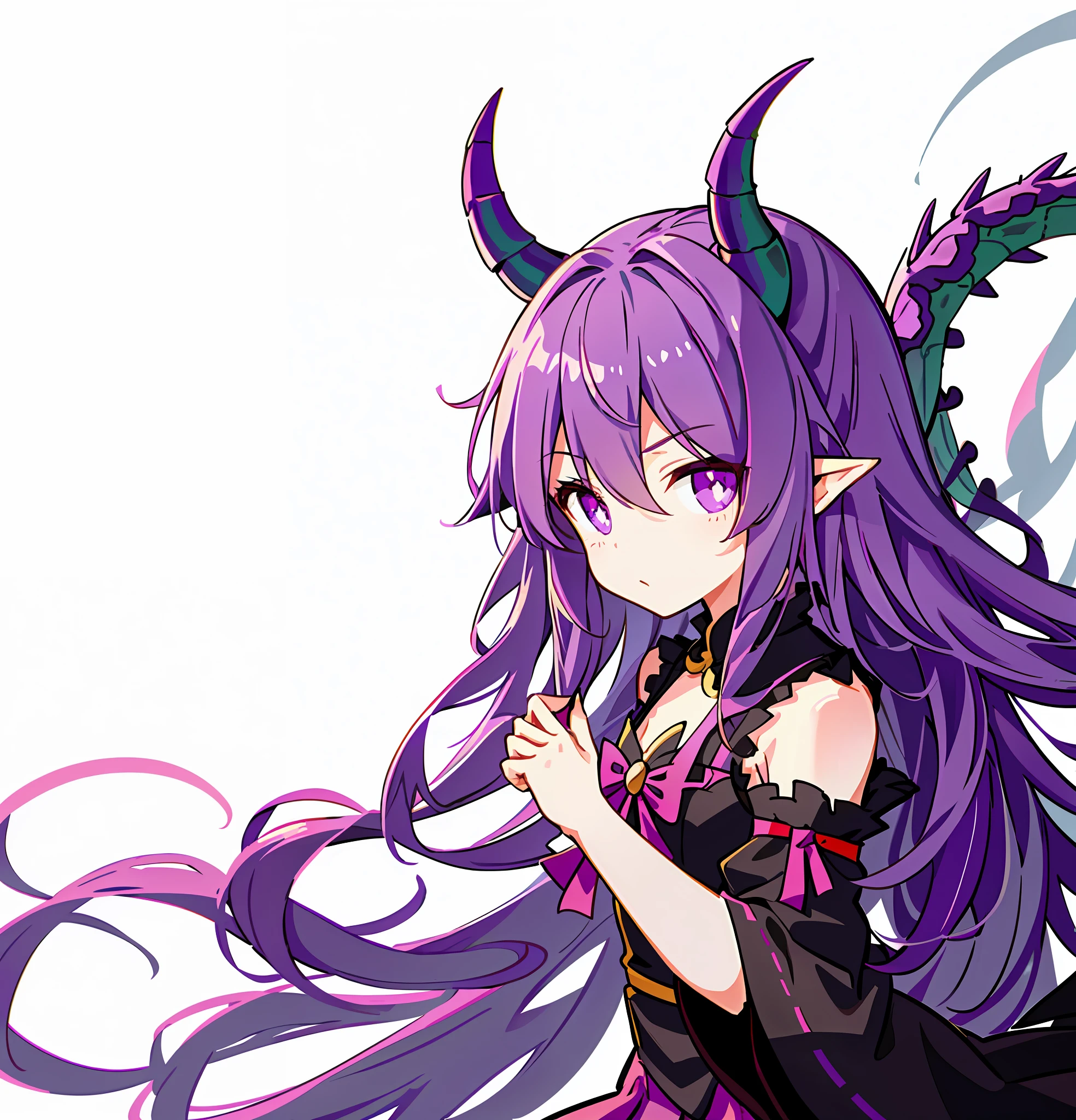 Draw a girl with a dragon's tail and dragon horns, Cute anime dragon girl, Anime Dragon Girl Cute!! tchibi!!! thick lineart, Purple-haired dragon girl, DDLC,, linear art, Simple lines of art, flat anime style shading, holding a pudica pose，vestindo vestido longo。