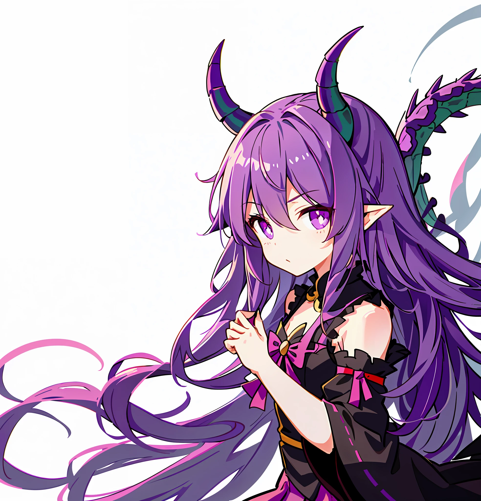 Zeichne ein Mädchen mit Drachenschwanz und Drachenhörnern, Süßes Anime-Drachenmädchen, Anime Drachen Mädchen süß!! Tchibi!!! dickes Strichmännchen, Lilahaariges Drachenmädchen, ddlc,, lineare Kunst, Einfache Linien der Kunst, flache Schattierung im Anime-Stil, eine Pudica-Pose halten，trägt ein langes Kleid。