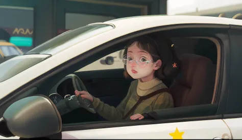 Girl in the car，wears glasses，largeeyes，Driving（tmasterpiece：1.2） （realisticlying：1.2） （Bokeh） （best qualtiy） （detailedskin：1.3） （complexdetails） （8K） （detailedeyes） （Sharp focus）,（having fun）