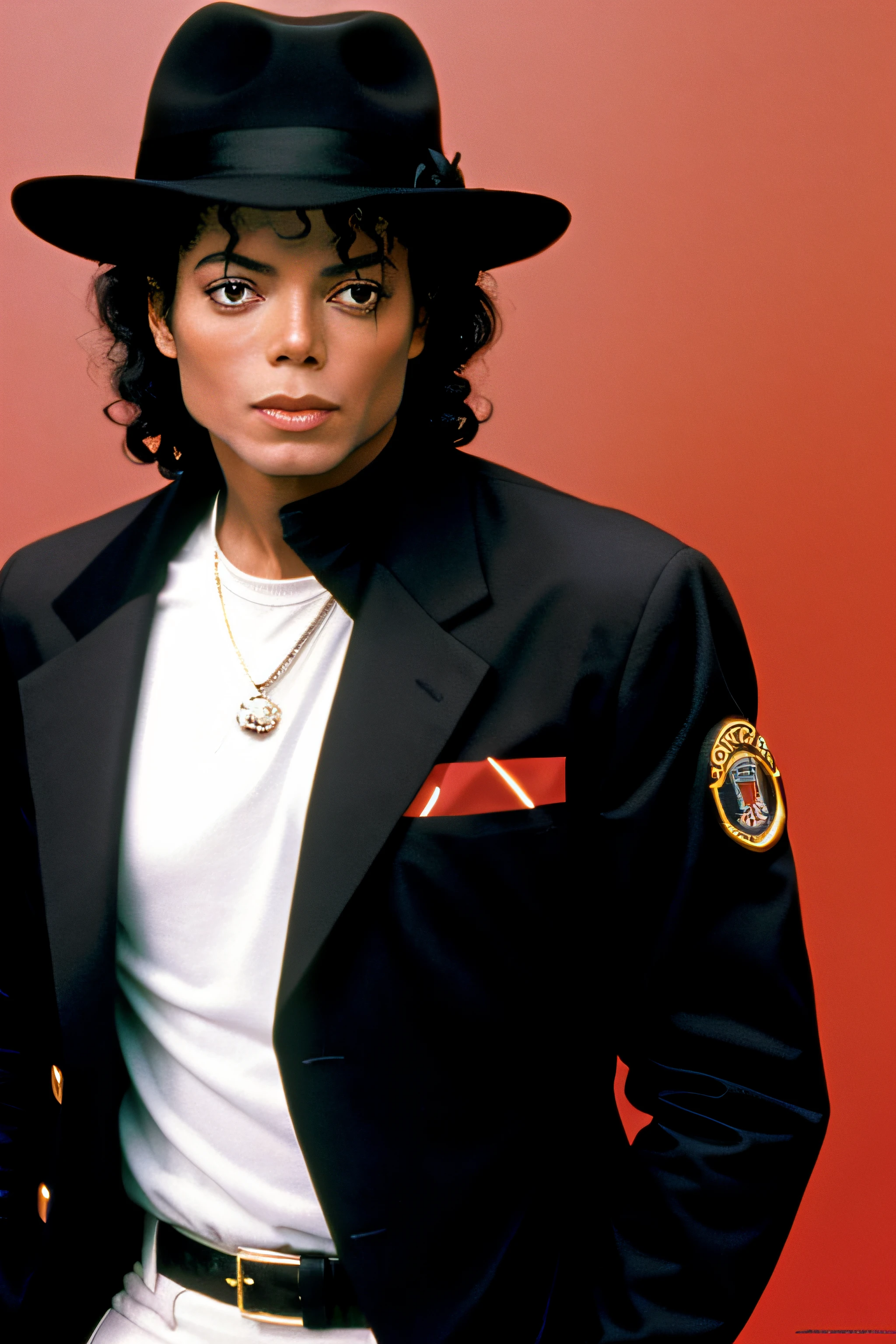 photorrealistic, Michael Jackson black with black skin ,dark skin style Thriller 1984,high quality curly hair, Masterpiece artwork, cinematic  composition, slow-motion,red leather jacket,black hat