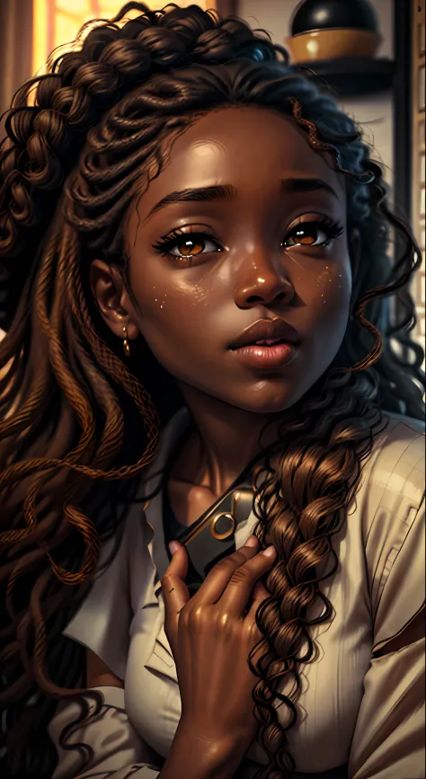 Super Big, Face Close, (hazel eyes), african style, curly hair, closed mouth, delicate big cheeks, Surrealism, 8k, super detail, masterpiece, best quality, (extremely detailed CG unity 8k wallpaper), (best quality), (best illustration), (best shadow), absu...