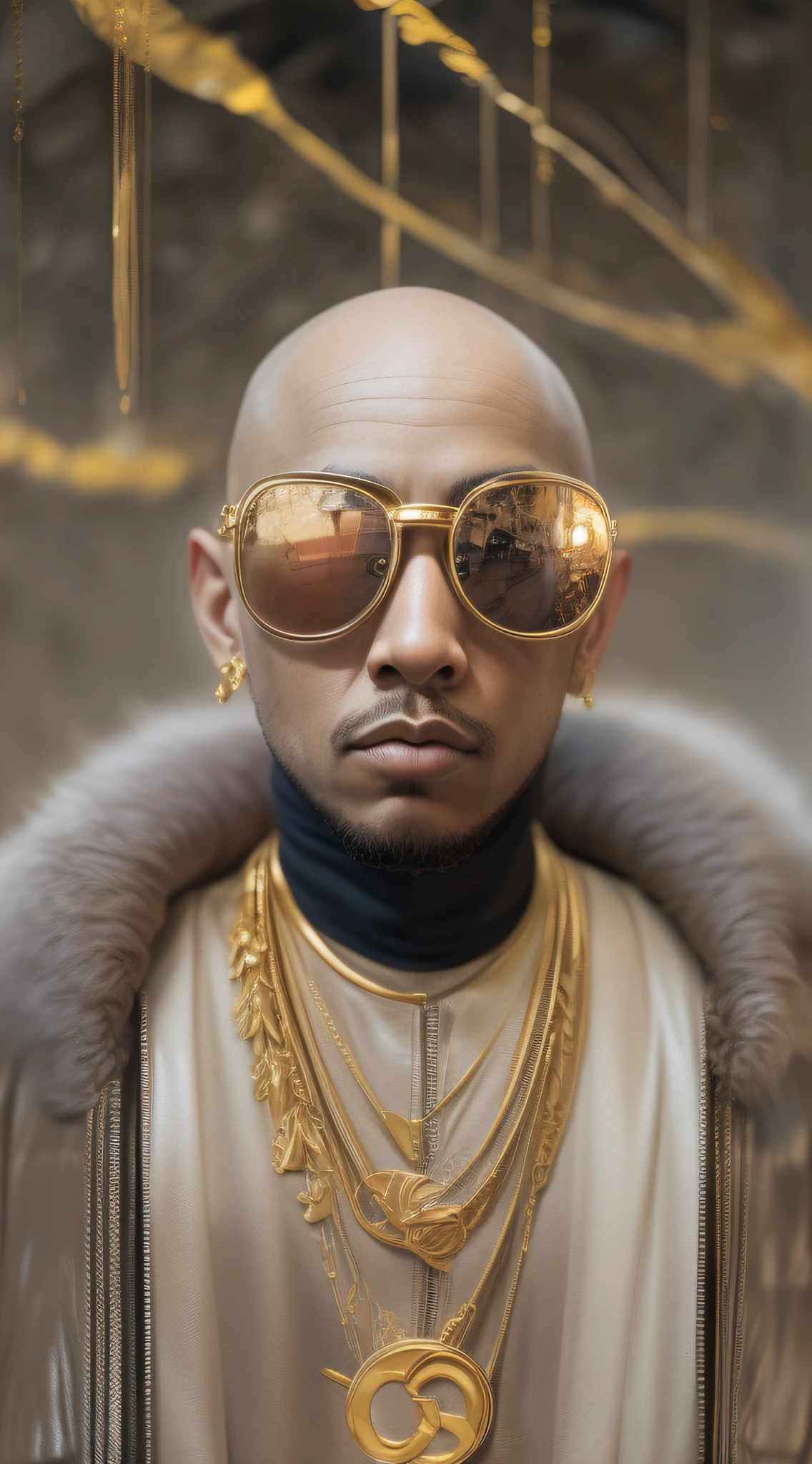 1rapper with Bald hair, T Pose, Fantasy Background, modern mink Fur Jacket (Gucci) (Fendi) (H R Gigger), High End Luxury Fashion, Lots of GOld Chains Jewelry and Diamonds, fog, detailed and realistic image, amazing composition with vintage scenery with abstract shapes, abstract minimalist background with tentacles, melt, drip, yoshitomo nara:1.5, wes anderson:1.3, new casualism, retro, minimalism,BiopunkAI