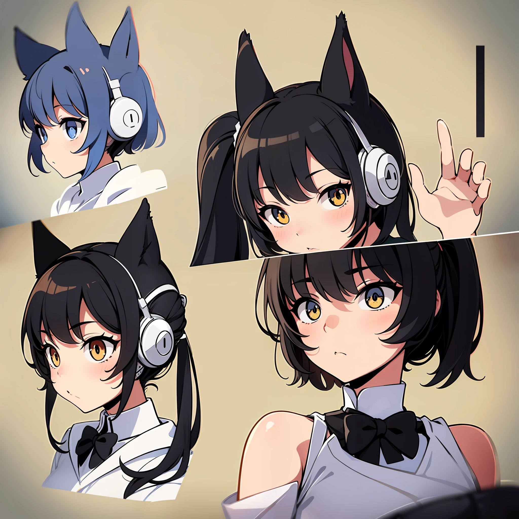 Cat ears girl wearing headphones various black and white clothing designs，3×3 format image，A set of illustrations，The spacing between each element is equal，There is no overlap，Old memo kernel，Two image views，namely the frontview、the sideview、white backgrounid、Different image views  ，organic shapes and lines，illustratio，Flat illustration style，Flat illustration style，danish design"