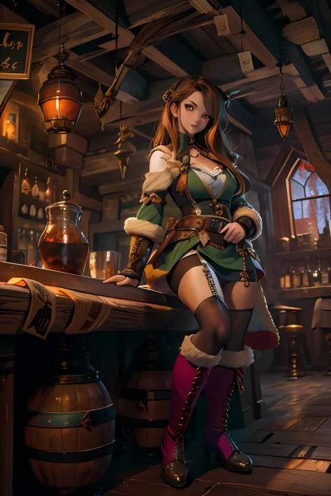 Hunter girl in fantasy tavern, masterpiece, ultra high contrast, intricate details, insane details, 8kHunter girl in fantasy tav...