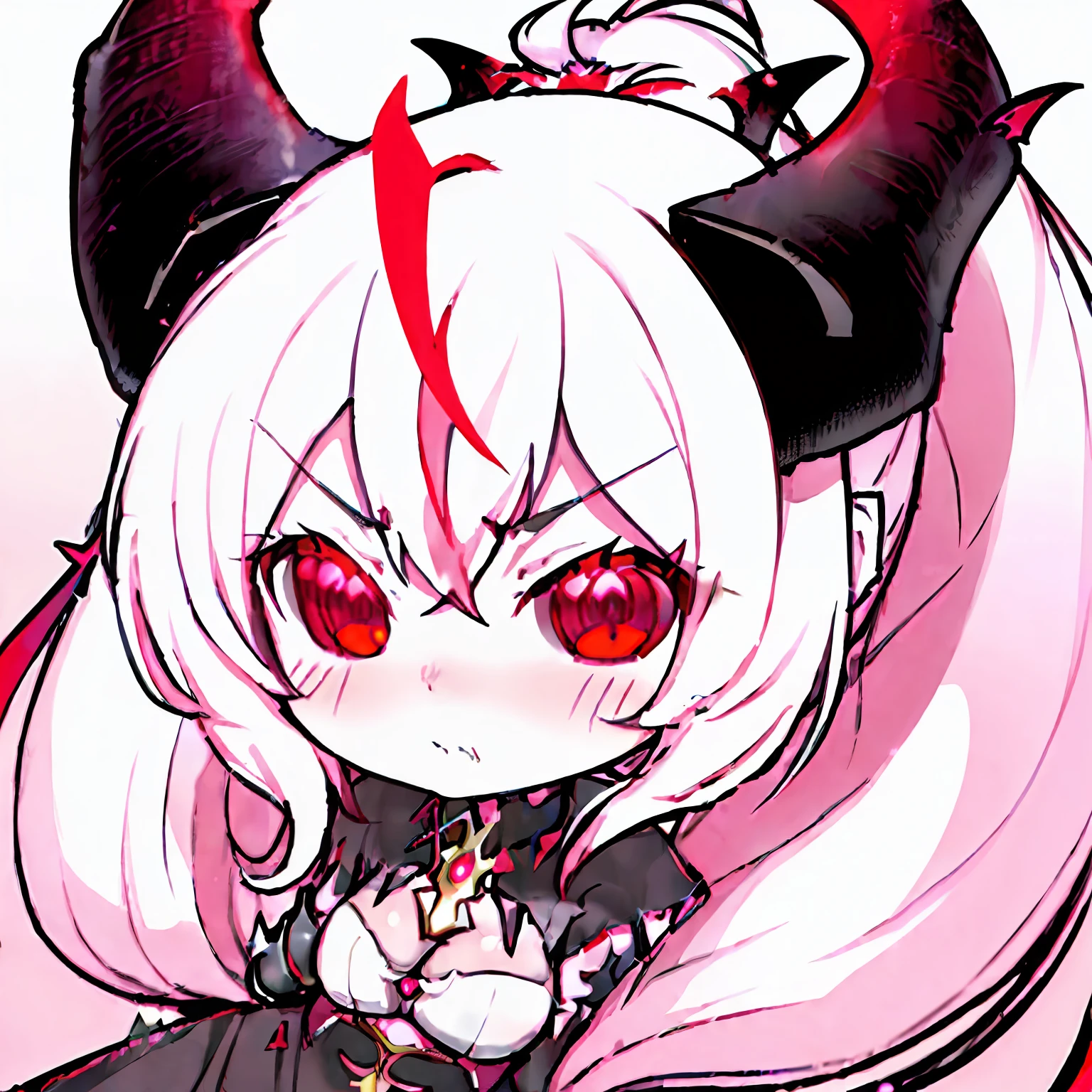 best quality, 1girl, chibi, succubus, horn, cute, white hair, angry, simple background, looking away, red eyes , ponytail hair style,