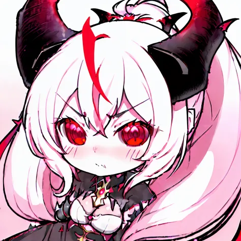 best quality, 1girl, chibi, succubus, horn, cute, white hair, angry, simple background, looking away, red eyes , ponytail hair s...