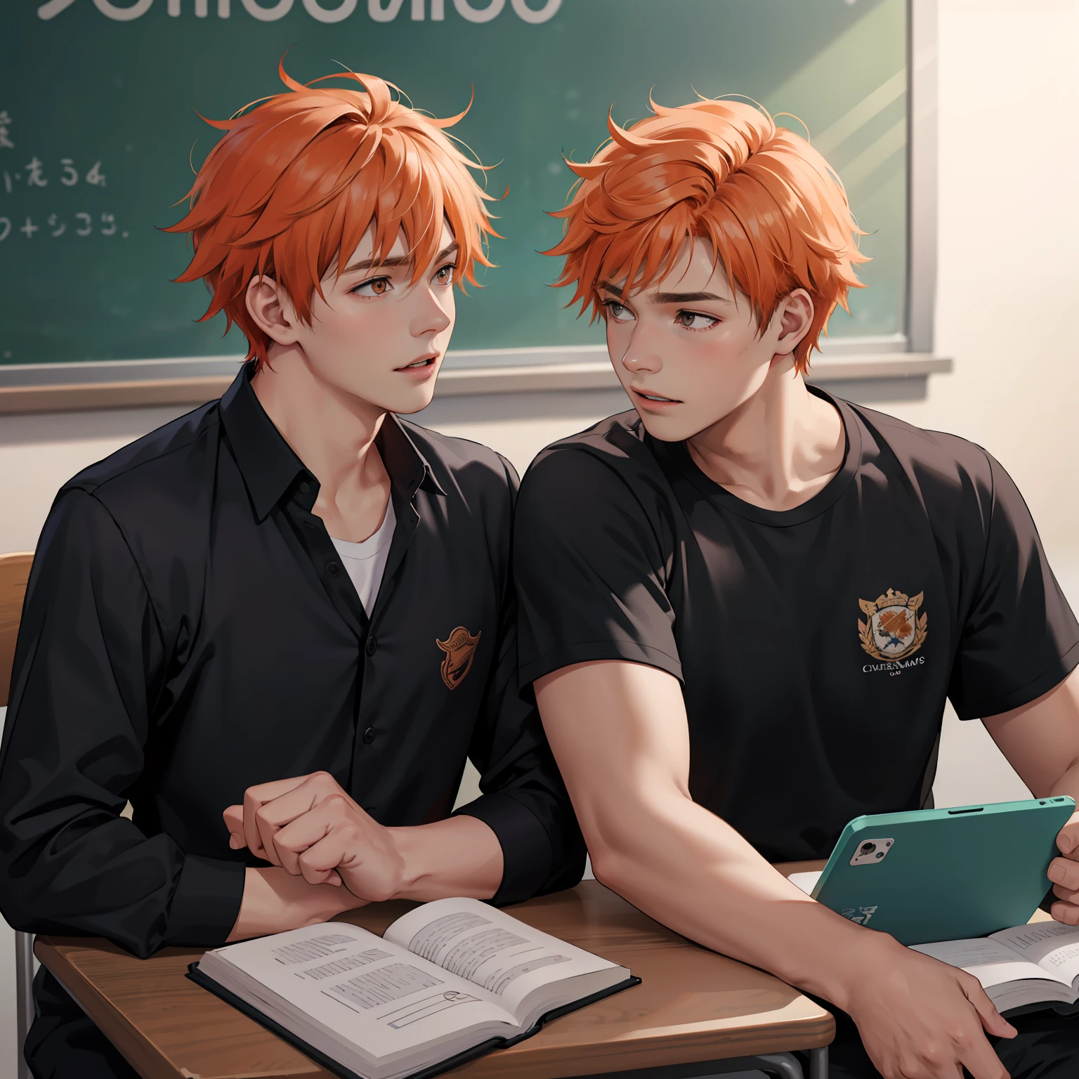 Two 15-year-old orange-haired teenage friends are talking, conversan, parlean  en la escuela comparten un secreto de que son casi amigos de hermanos... (usar los mismo personajes)