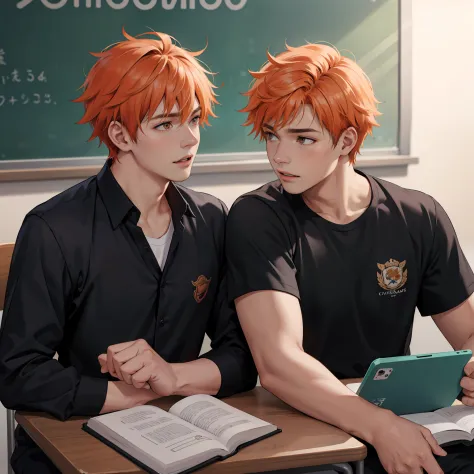 two 15-year-old orange-haired teenage friends are talking, conversan, parlean  en la escuela comparten un secreto de que son cas...