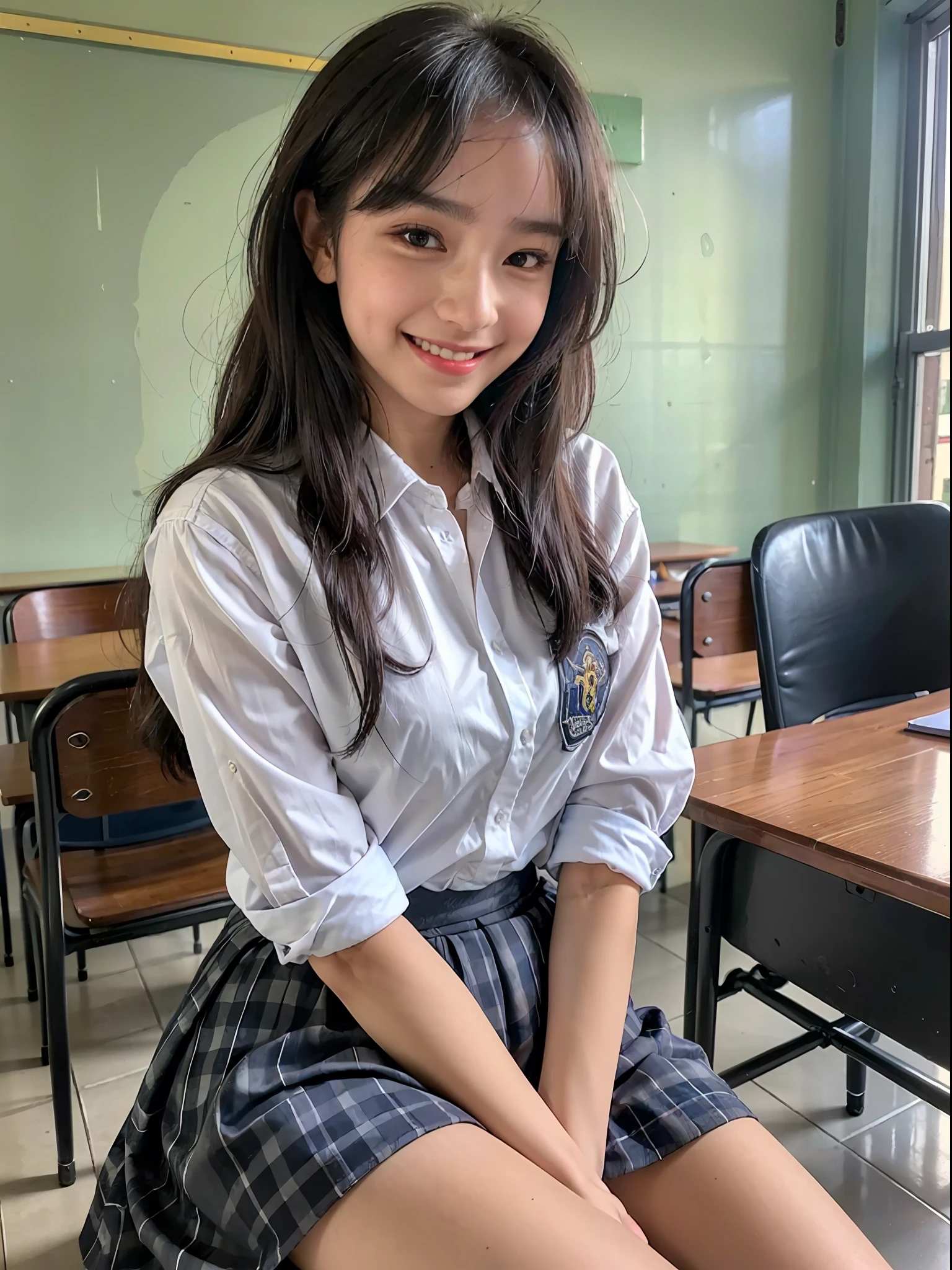 (RAW photo:1.2), ((photorealistic:1.4),(masterpiece:1.3),(best quality:1.4),ultra high res,(detailed facial features),(detailed clothes features),HDR,8k resolution, 1girl, school girl, in the classroom, blush, smile