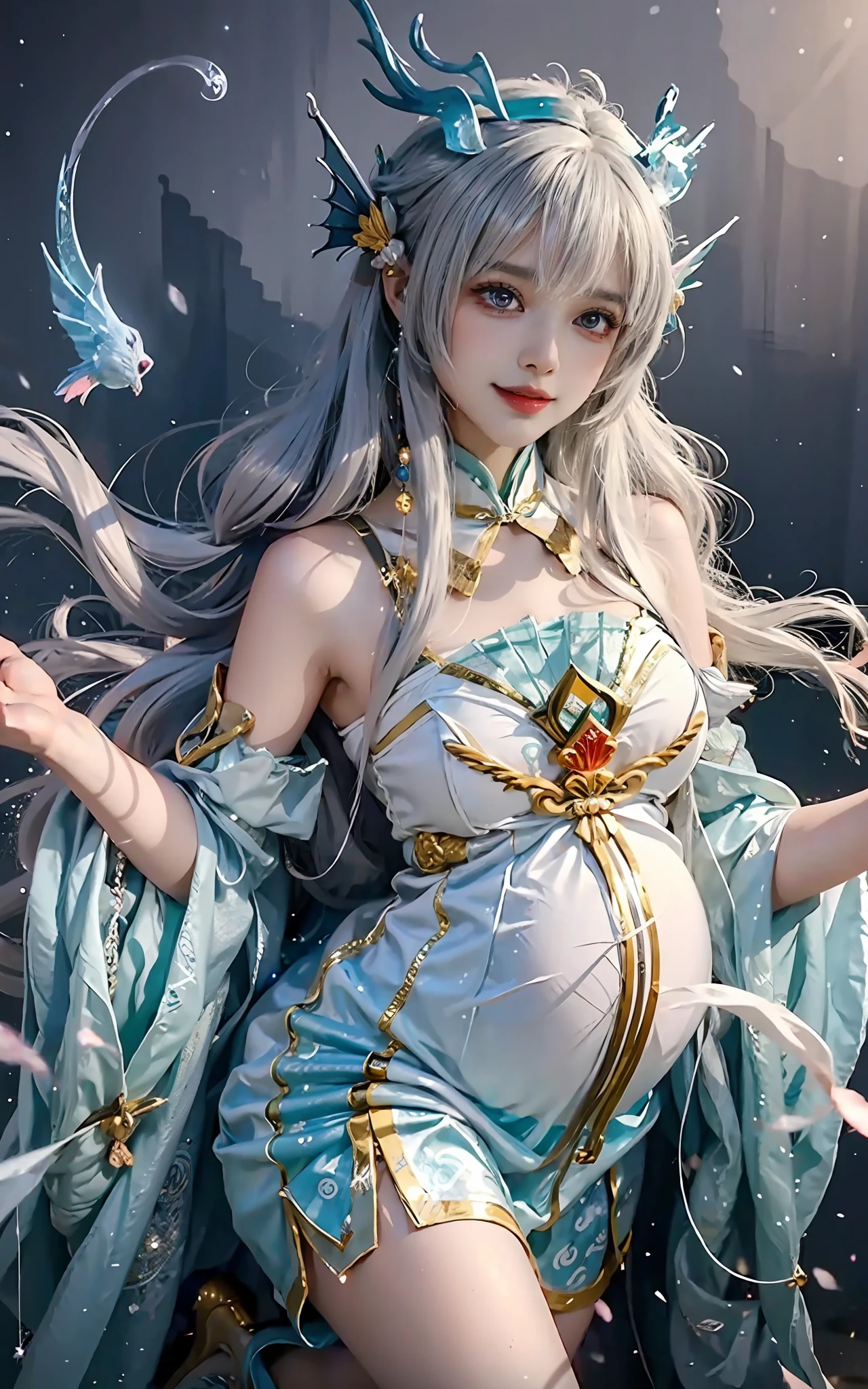 Close-up of a woman in costume on stage，full-body xianxia，beautiful celestial mage，Amazing young ethereal characters，a beautiful fantasy empress，astral witch clothes，shaxi，A flowing magic robe，white hanfu，xianxia fantasy，Beauty Delfin，Ethereal fantasy，Elegant and charming cosplay，heise jinyao,Sit underground，Feminine and colorful，It's tumultuous，pregnant belly, One-piece tights, cabelos preto e longos, Large breasts, Raised sexy, Charming eyes, ssmile, style of anime, 8k, super detail, of the highest quality