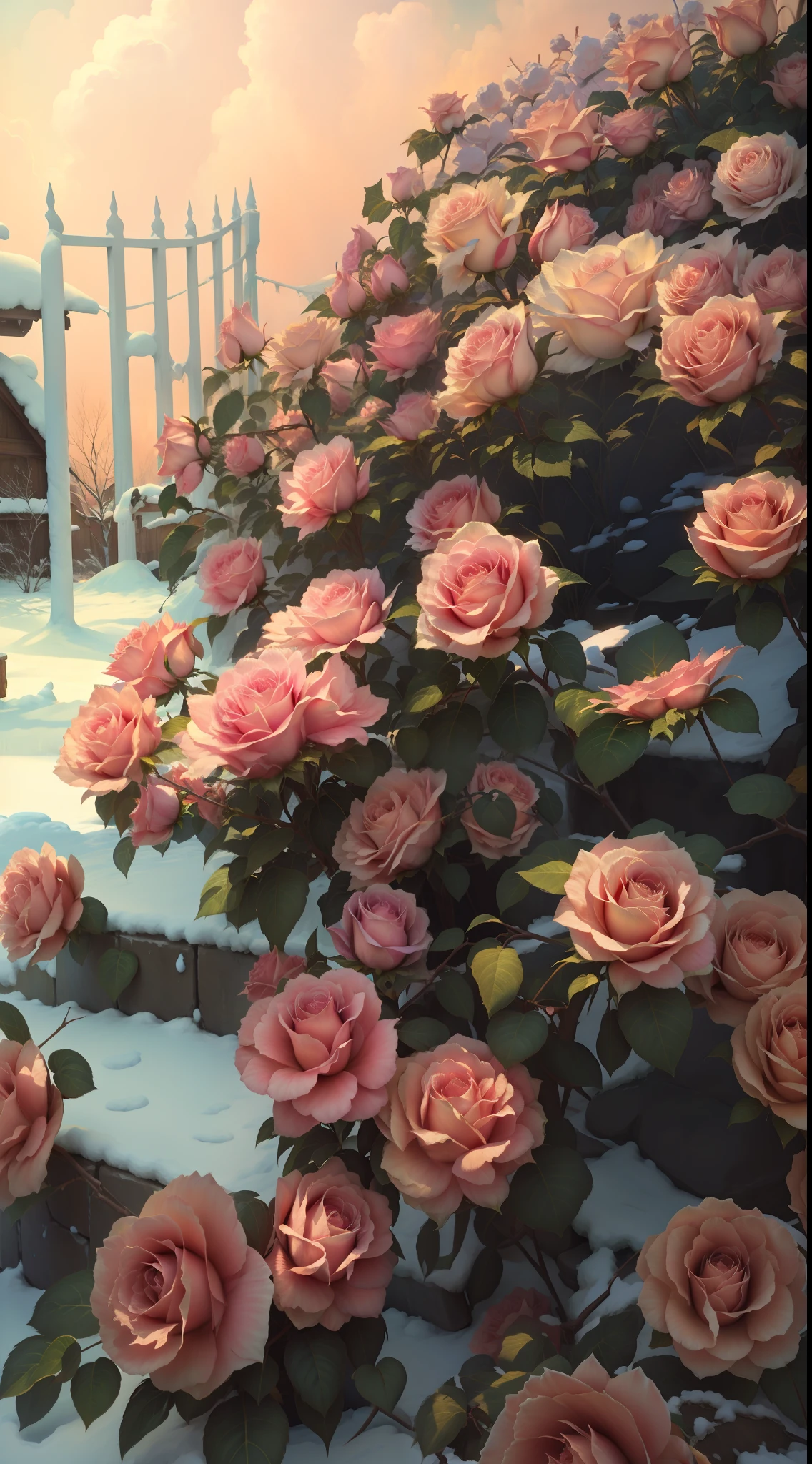 Pink roses grow on snowy roads in the snow, roses in cinematic light, beautiful aesthetic, Beautiful and aesthetic, Rose garden, with soft bushes, rosette, Beautiful composition, beautiful flowers growing, alexey egorov, with frozen flowers around her, Incredibly beautiful, very very beautiful, sergey krasovskiy, Incredibly realistic, beautiful morning, rosses，8K high quality detailed art