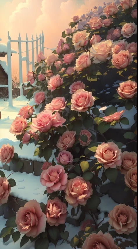 Pink roses grow on snowy roads in the snow, roses in cinematic light, beautiful aesthetic, Beautiful and aesthetic, Rose garden,...