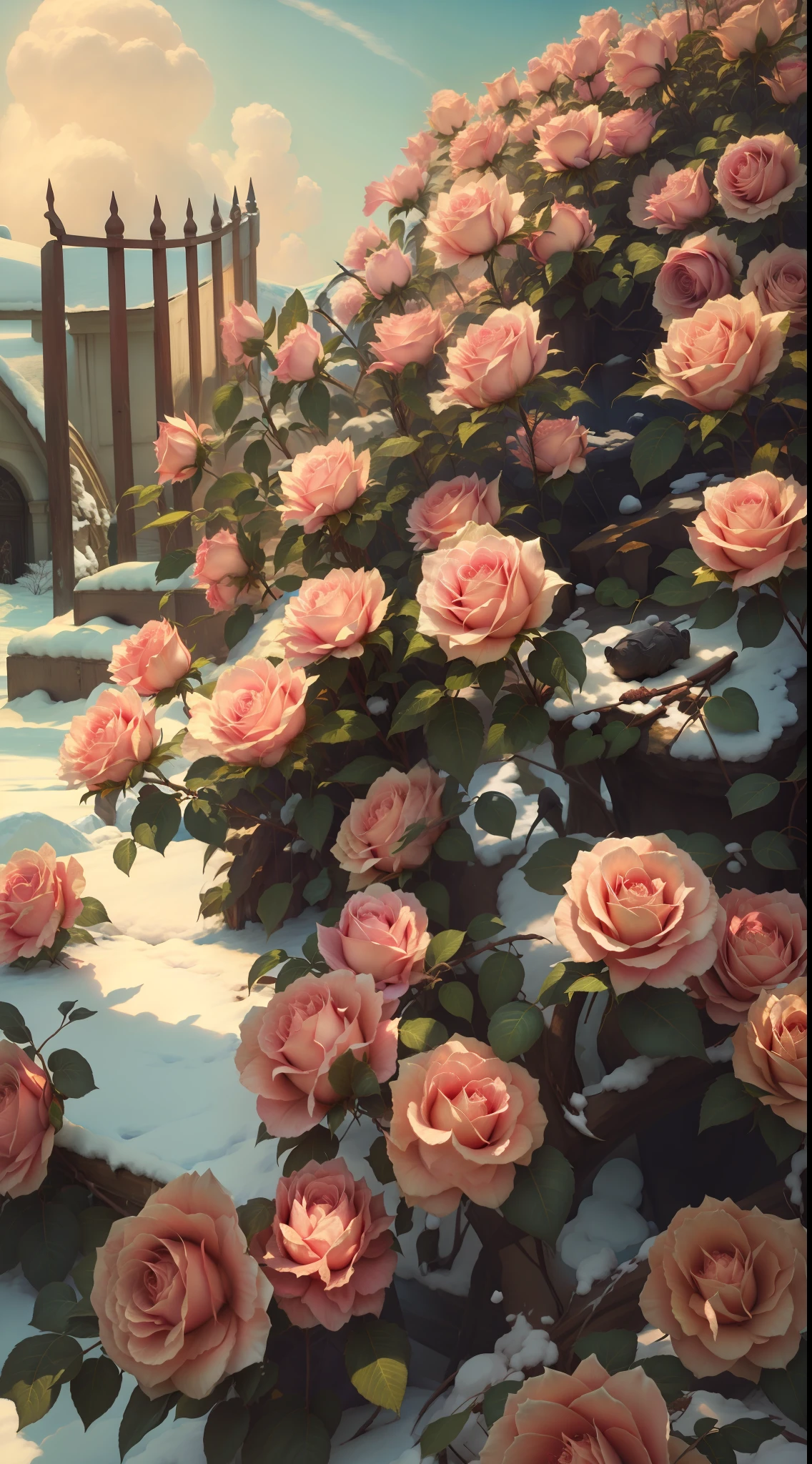 Pink roses grow on snowy roads in the snow, roses in cinematic light, beautiful aesthetic, Beautiful and aesthetic, Rose garden, with soft bushes, rosette, Beautiful composition, beautiful flowers growing, alexey egorov, with frozen flowers around her, Incredibly beautiful, very very beautiful, sergey krasovskiy, Incredibly realistic, beautiful morning, rosses，8K high quality detailed art