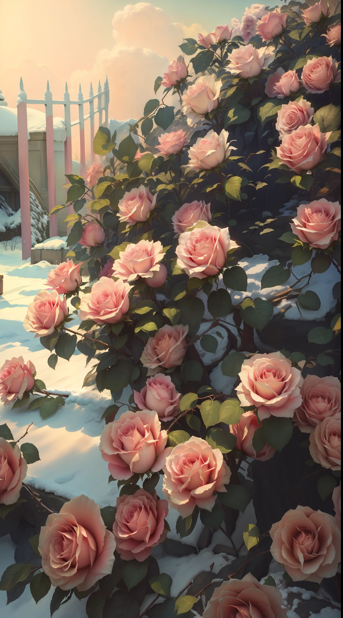 Pink roses grow on snowy roads in the snow, roses in cinematic light, beautiful aesthetic, Beautiful and aesthetic, Rose garden, with soft bushes, rosette, Beautiful composition, beautiful flowers growing, alexey egorov, with frozen flowers around her, Incredibly beautiful, very very beautiful, sergey krasovskiy, Incredibly realistic, beautiful morning, rosses，8K high quality detailed art