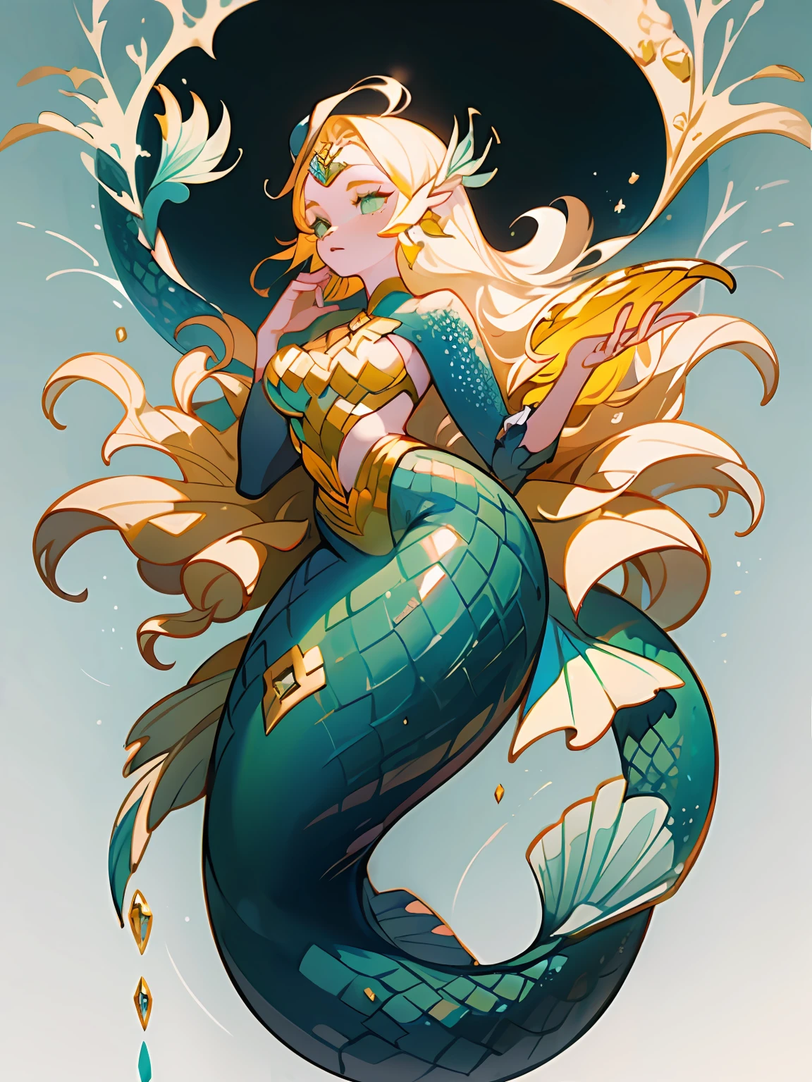 (Best Quality, Masterpiece), 1 Kraken, Yellow Diamond Mineral, Beautiful Full Body Concept Art, (Simple White Background), Long Blonde Hair, Mineral, (Mermaid Tail: 1.4), Smooth Glass Thickness, Transparent, Film Lighting, Rendering, 4K,--niji 5