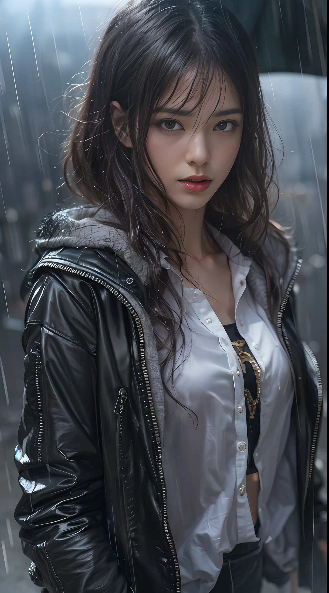 Strong realism，（best qualtiy，4K，tmasterpiece：1.3），Pretty Women，1girl，Raised sexy：1.1，dark brown  hair：1.1，（Wet with rain，Wet with rain，Get wet：1.2），Gilet blanc，Super detailed face，Detailed lips，A detailed eye，double eyelid