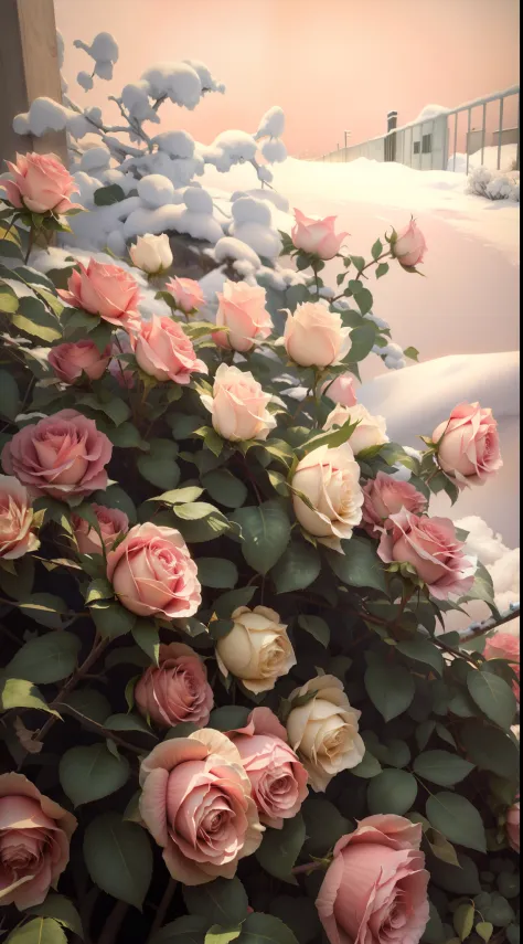 Pink roses are covered with snow near fences and buildings, rosette, roses in cinematic light, with frozen flowers around her, b...