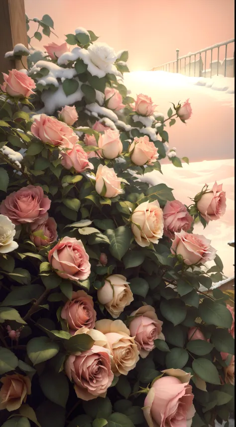Pink roses are covered with snow near fences and buildings, rosette, roses in cinematic light, with frozen flowers around her, b...