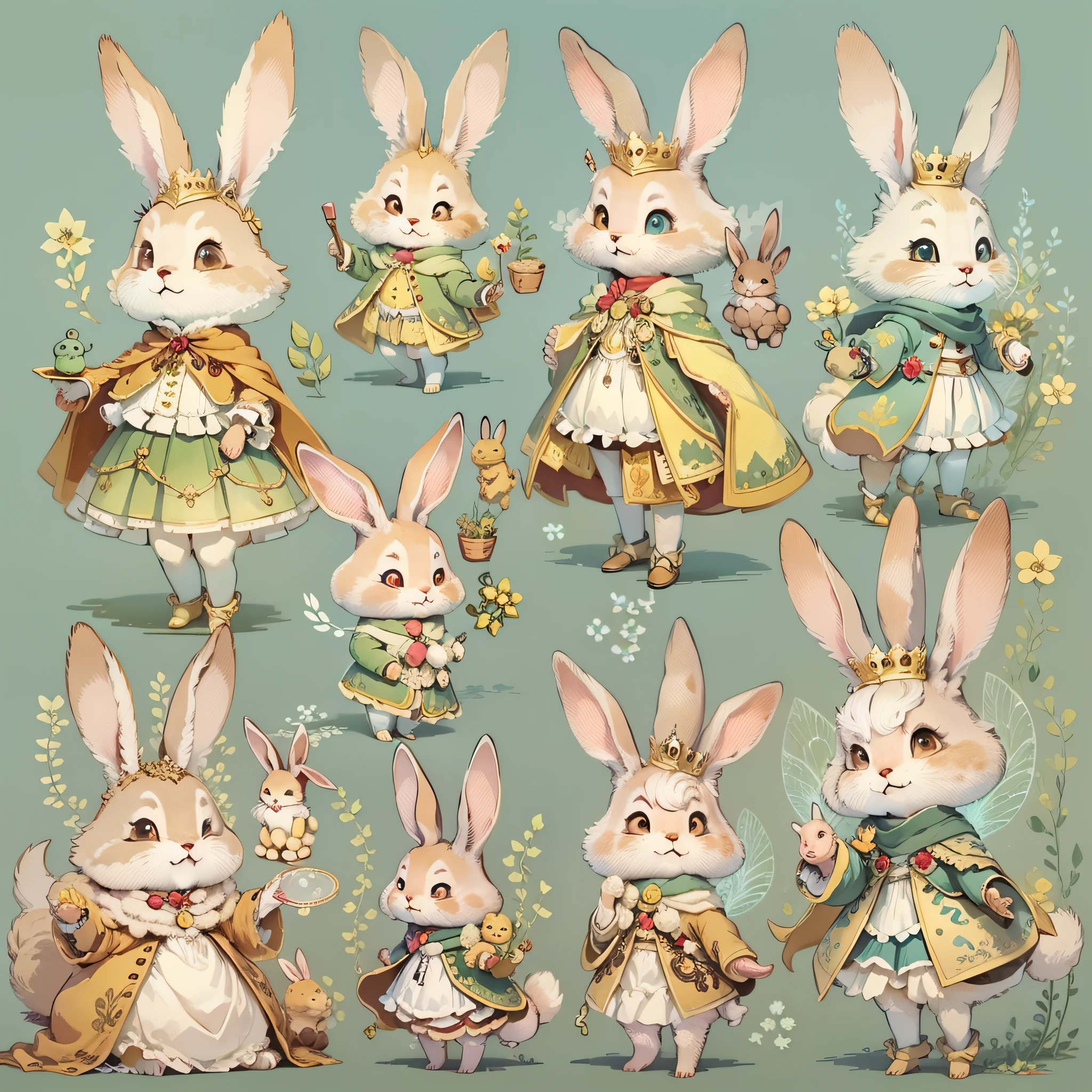 Queen's Rabbit、Multiple facial expressions、Anthropomorphic cute rabbit、Cute characters from fairy tales、Cute rabbit in coat、18th century French clothing、Colorful colors、An ultra-high picture quality、Super delicate、Character design drawings、Full body like、Multiple Pose、