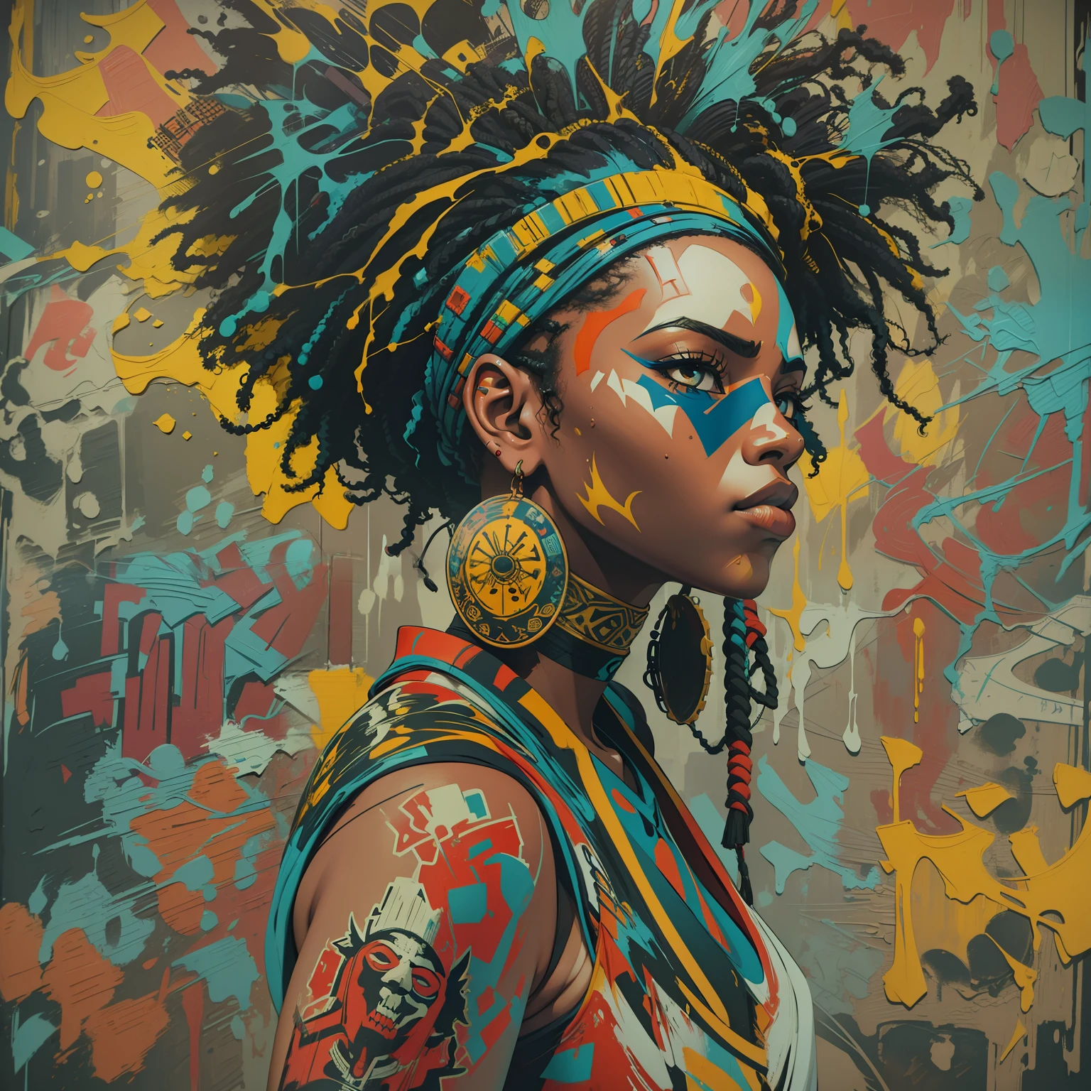 afropunk, Pintura a óleo, impressão em bloco, arte do grafite, pintura abstrata, salpicos de cor, Altamente detalhado, tendências no ArtStation
