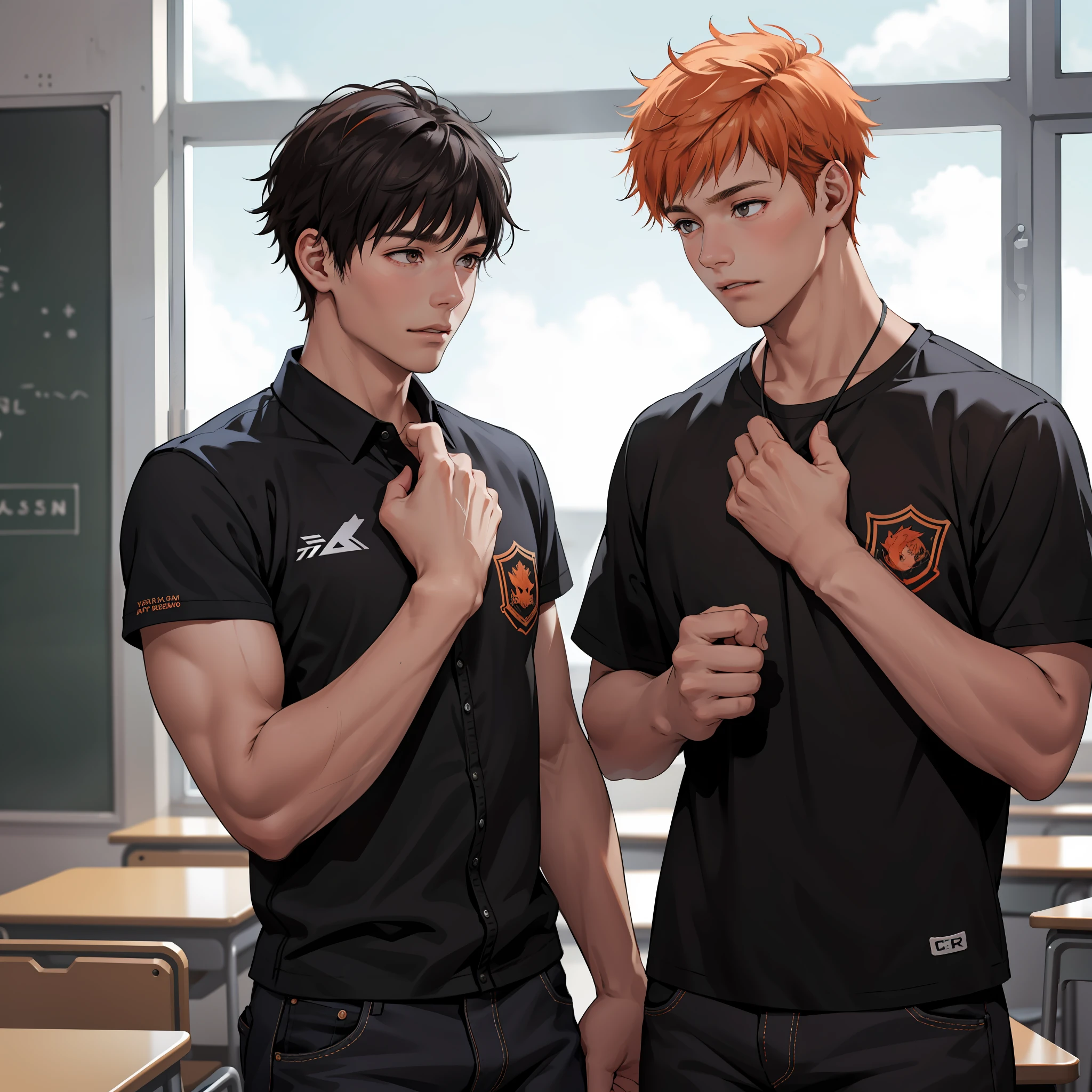 Two 15-year-old orange-haired teenage friends chatting at school share a secret that they're almost friends with siblings... (usar los mismo personajes)