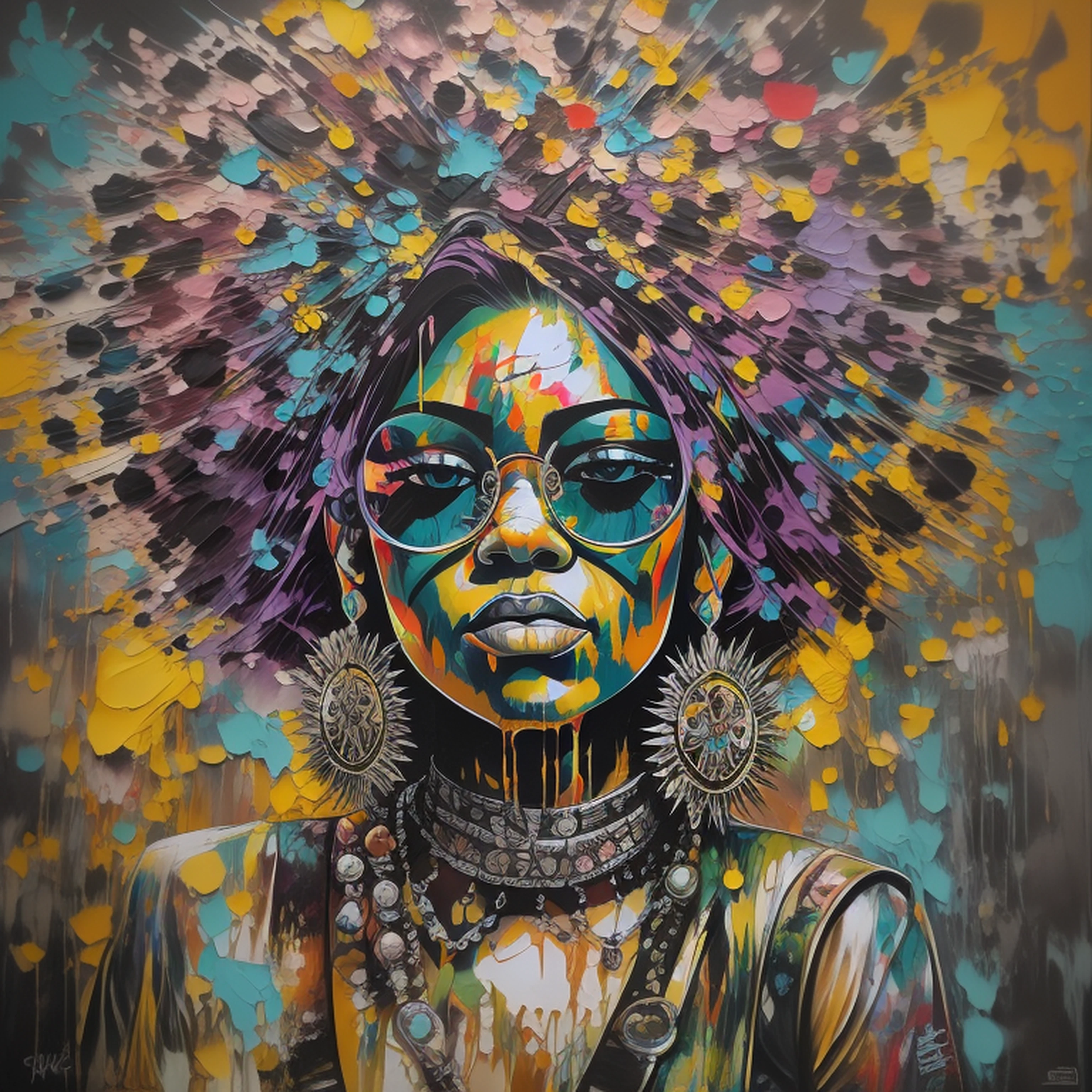 afropunk, pintura de aceite, impresión en bloque, arte grafiti, pintura abstracta, salpicaduras de color, muy detallado, tendencia en Artstation