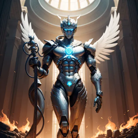 Please depict a full-body image of a robot inspired by Hermes. The robot has a metallic silver body, with winged jet engines or hovering devices attached to its feet. The head is shaped to resemble Hermes' helmet, evoking ancient Greek ornaments. In its ha...