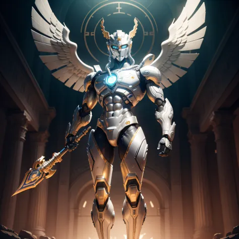Please depict a full-body image of a robot inspired by Hermes. The robot has a metallic silver body, with winged jet engines or hovering devices attached to its feet. The head is shaped to resemble Hermes' helmet, evoking ancient Greek ornaments. In its ha...