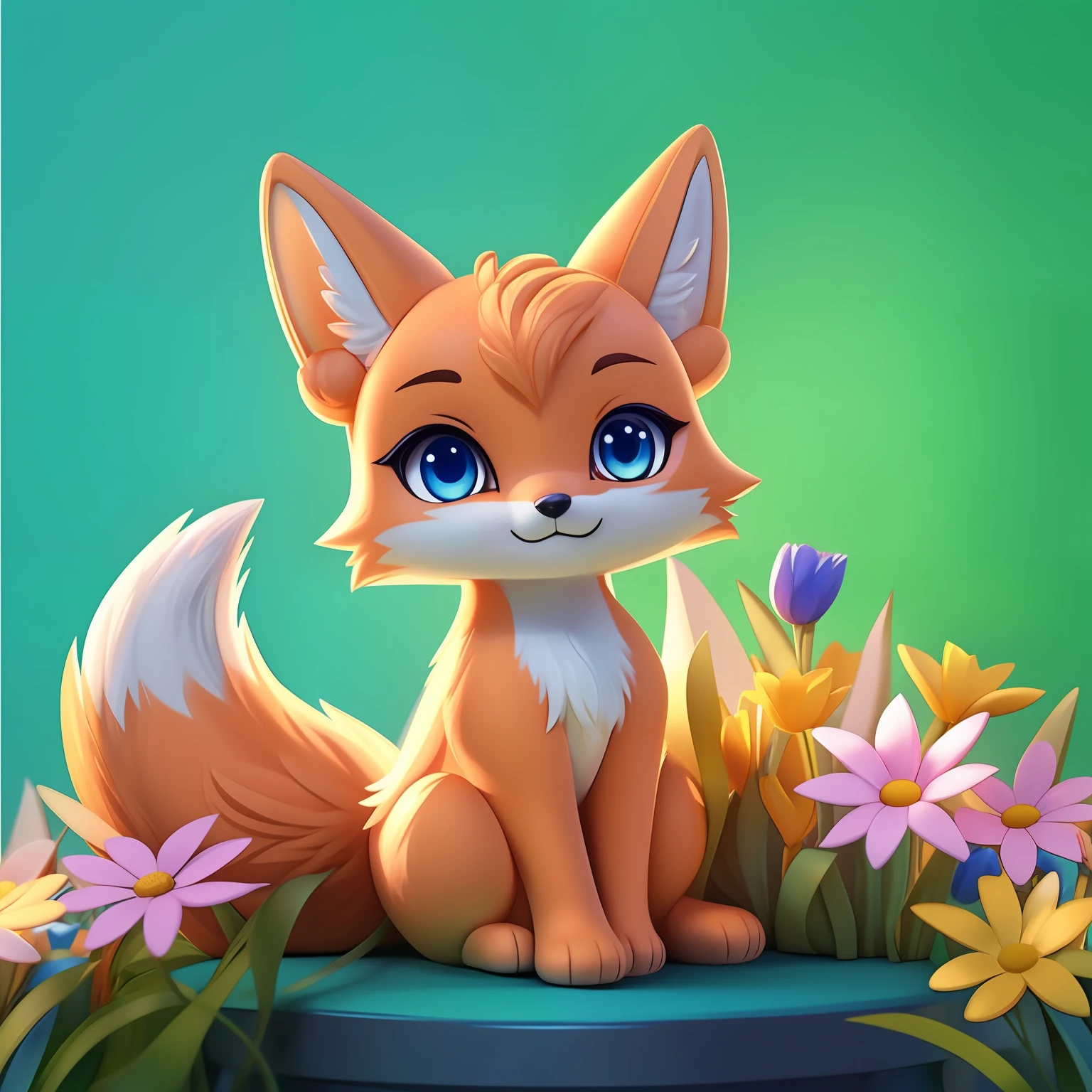 （​masterpiece）8K resolution、top-quality、Fox character emphasizing fluffy tail and pretty eyes。 Painted with bright orange fur、Flowers and star decorations will increase cuteness.。