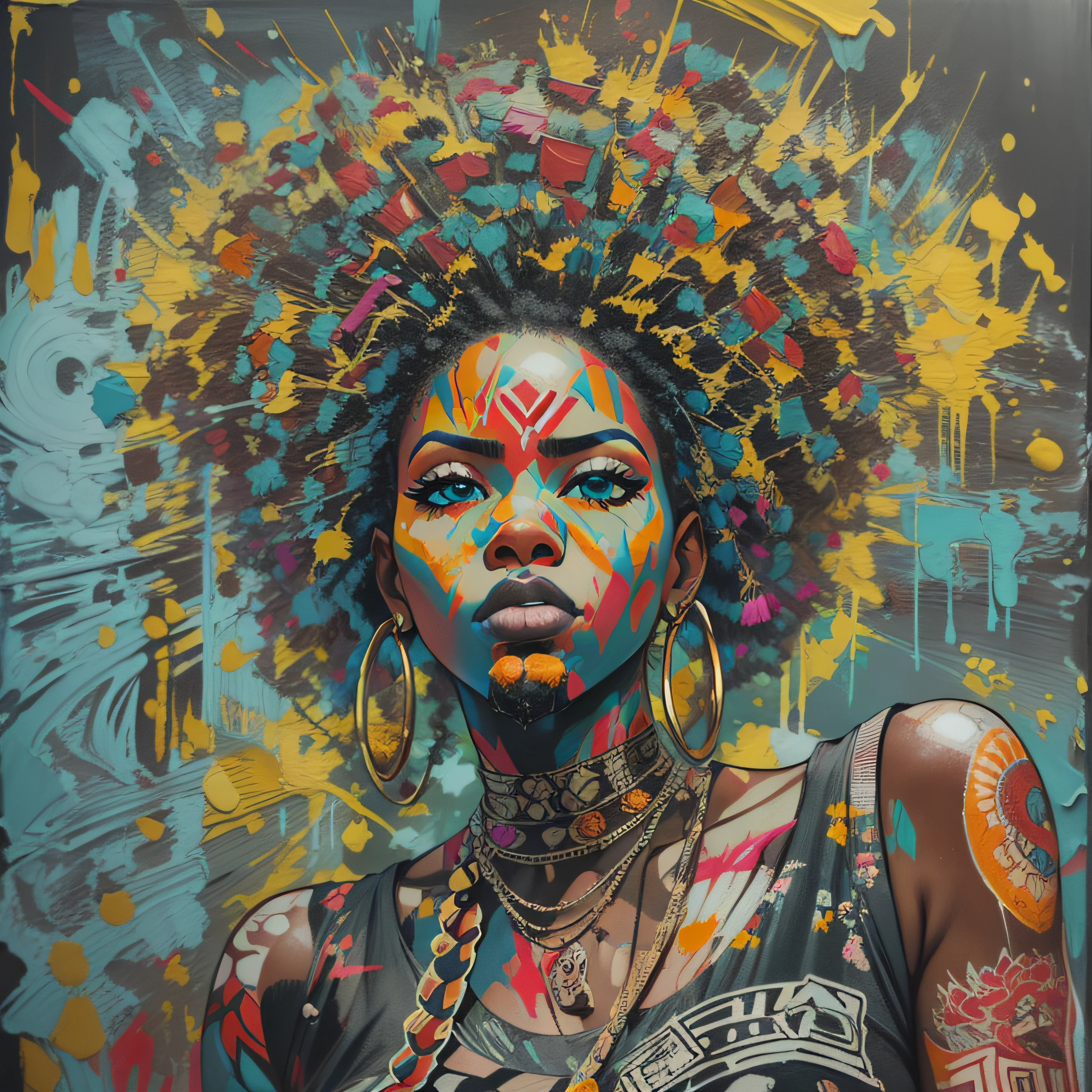 Afropunk, Oil paint, block print, graffiti art, abstract painting, color splashes, highly detailed, trending on artstation