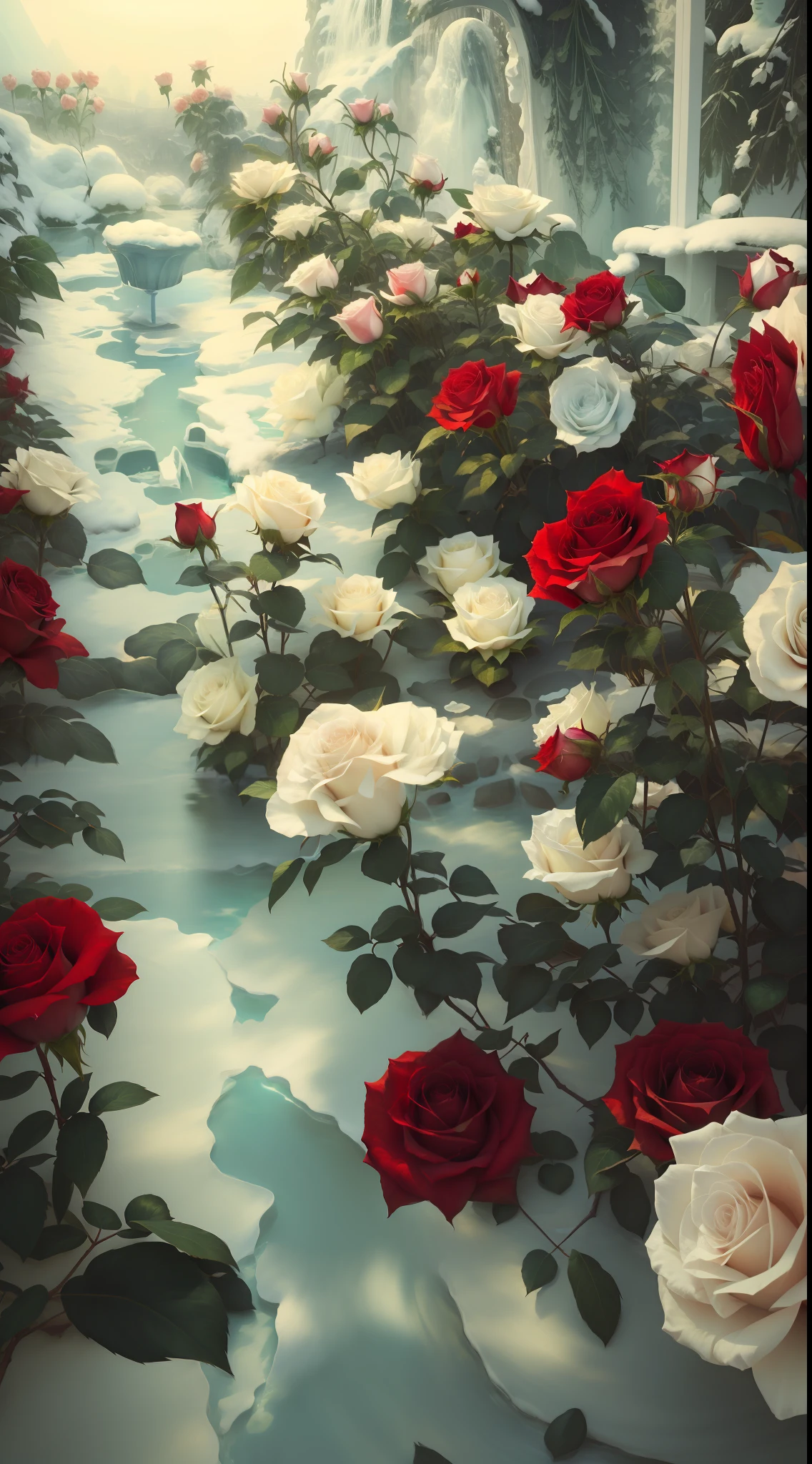 There are many white and red roses in the snow, an aesthetic field of flowers, with frozen flowers around her, roses in cinematic light, white and red roses, Beautiful and aesthetic, beautiful aesthetic, rosette, Rose garden, there's flowers everywhere, rosses, a few roses, beautiful flowers growing, hyperrealistic aesthetic, laying on roses, aesthetics, Beautiful flowers，8K high quality detailed art