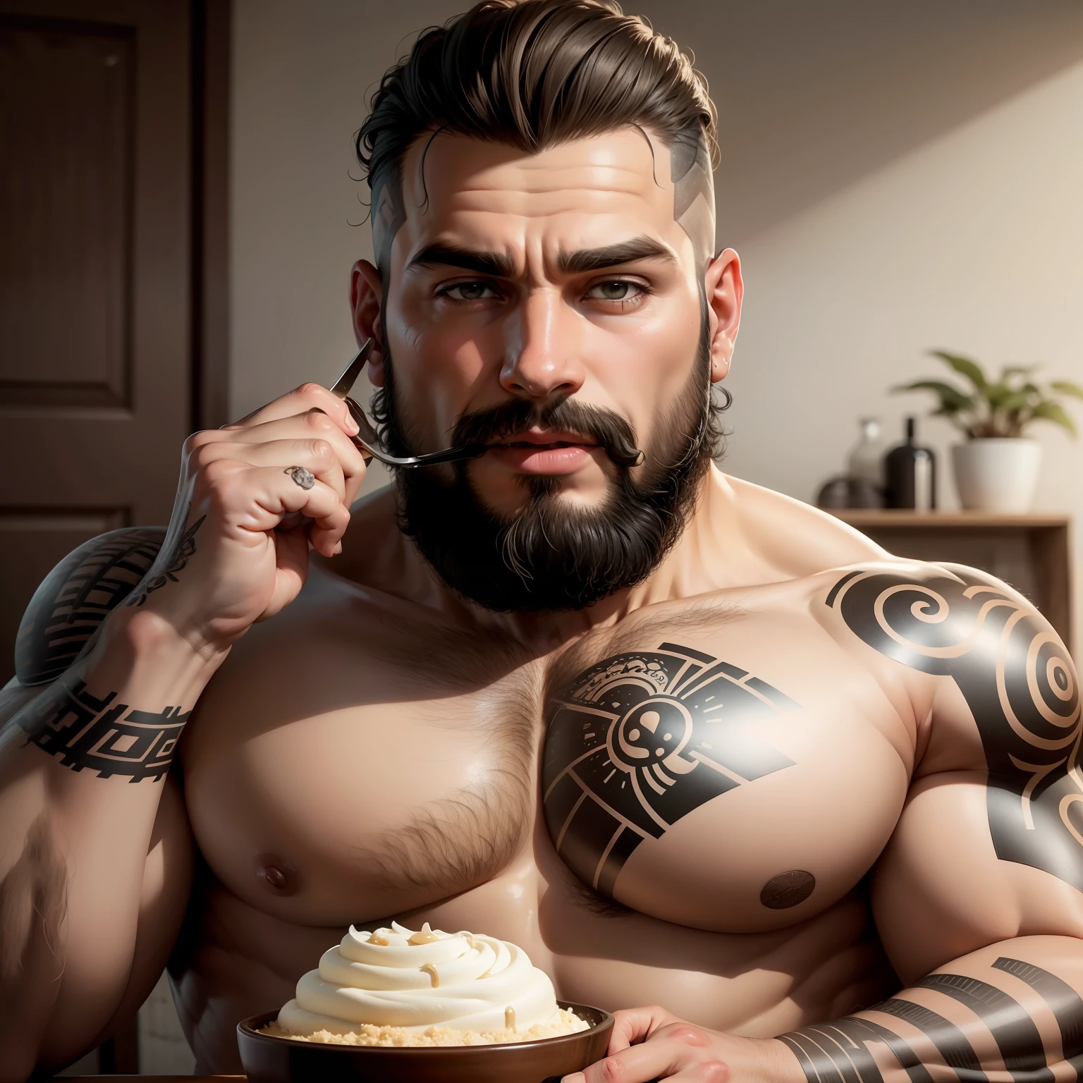 Arafed man with a beard and tattoos holding a cup of coffee - SeaArt AI