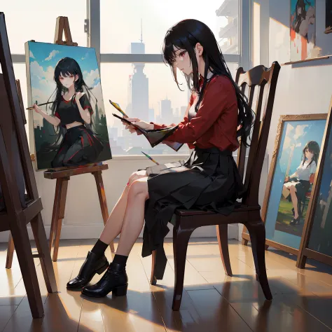 ​masterpiece、hightquality、vivd colour、(((long black hair)))、(((red shirt)))、(((a black skirt)))、(((model sitting on a chair)))、(...