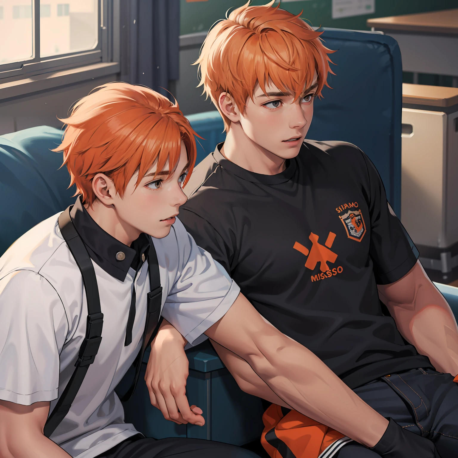 Two 15-year-old orange-haired teenage friends chatting at school share a secret that they're almost friends with siblings... (usar los mismo personajes)