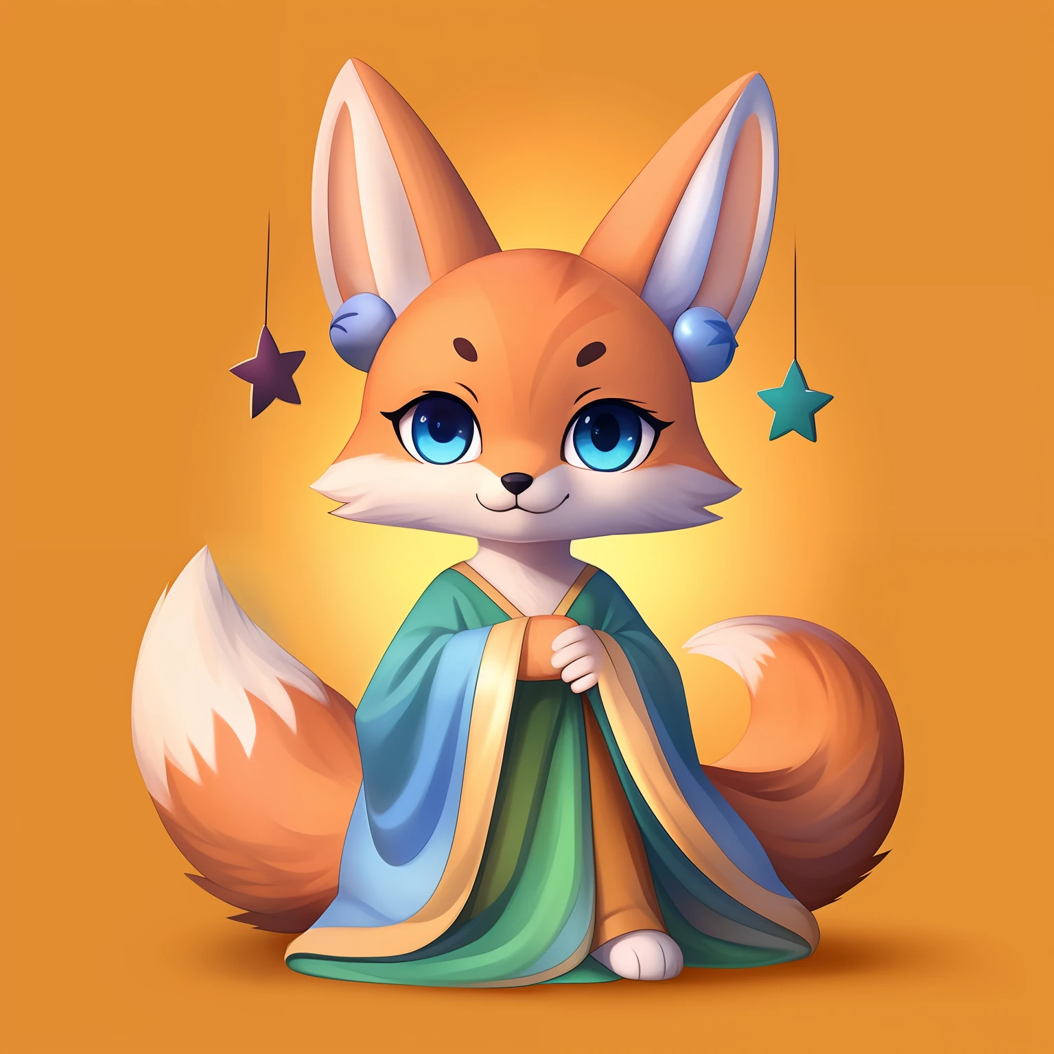 （​masterpiece）8K resolution、top-quality、Fox character emphasizing a fluffy tail and pretty eyes。 Painted with bright orange fur、Flowers and star decorations add to the cuteness.。