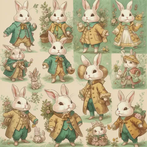 An ultra-high picture quality、Super delicate、Character design drawings、Full body like、Multiple Pose、Multiple facial expressions、Anthropomorphic cute rabbit、Cute characters from fairy tales、Cute rabbit in coat、18th century French clothing、Colorful colors、