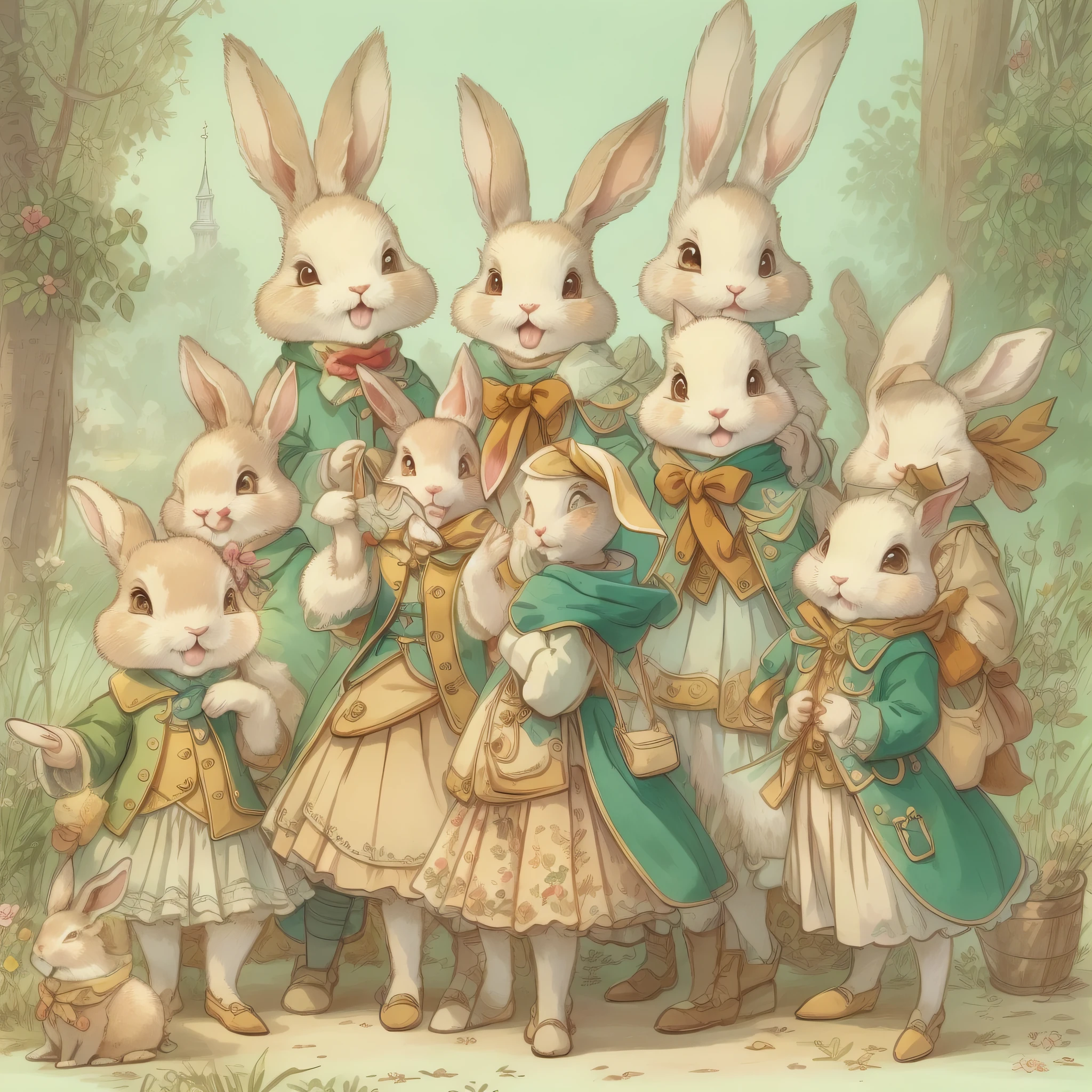 超高画質、非常に繊細、キャラクターデザイン画、全身のような、複数のポーズ、多様な表情、擬人化されたかわいいウサギ、おとぎ話のかわいいキャラクター、コートを着たかわいいウサギ、18世紀フランスの衣服、カラフルな色彩、