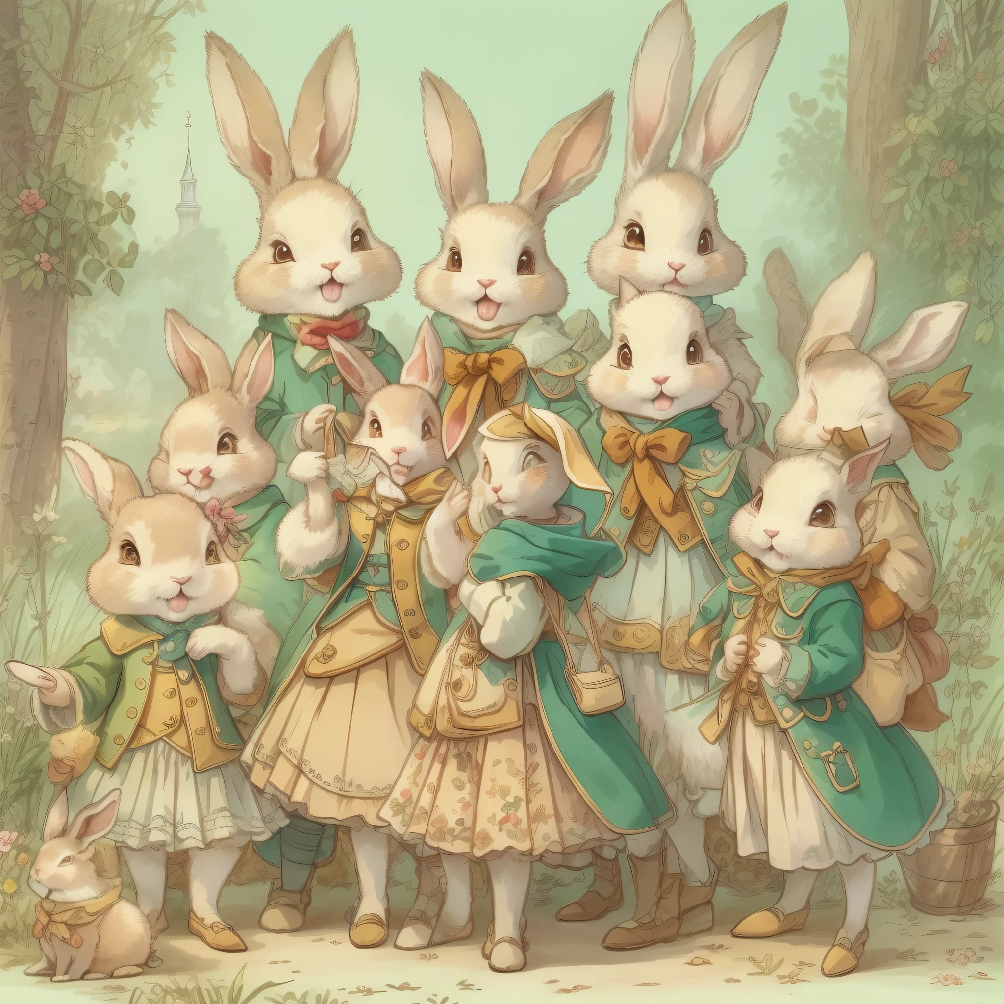 An ultra-high picture quality、Super delicate、Character design drawings、Full body like、Multiple Pose、Multiple facial expressions、Anthropomorphic cute rabbit、Cute characters from fairy tales、Cute rabbit in coat、18th century French clothing、Colorful colors、