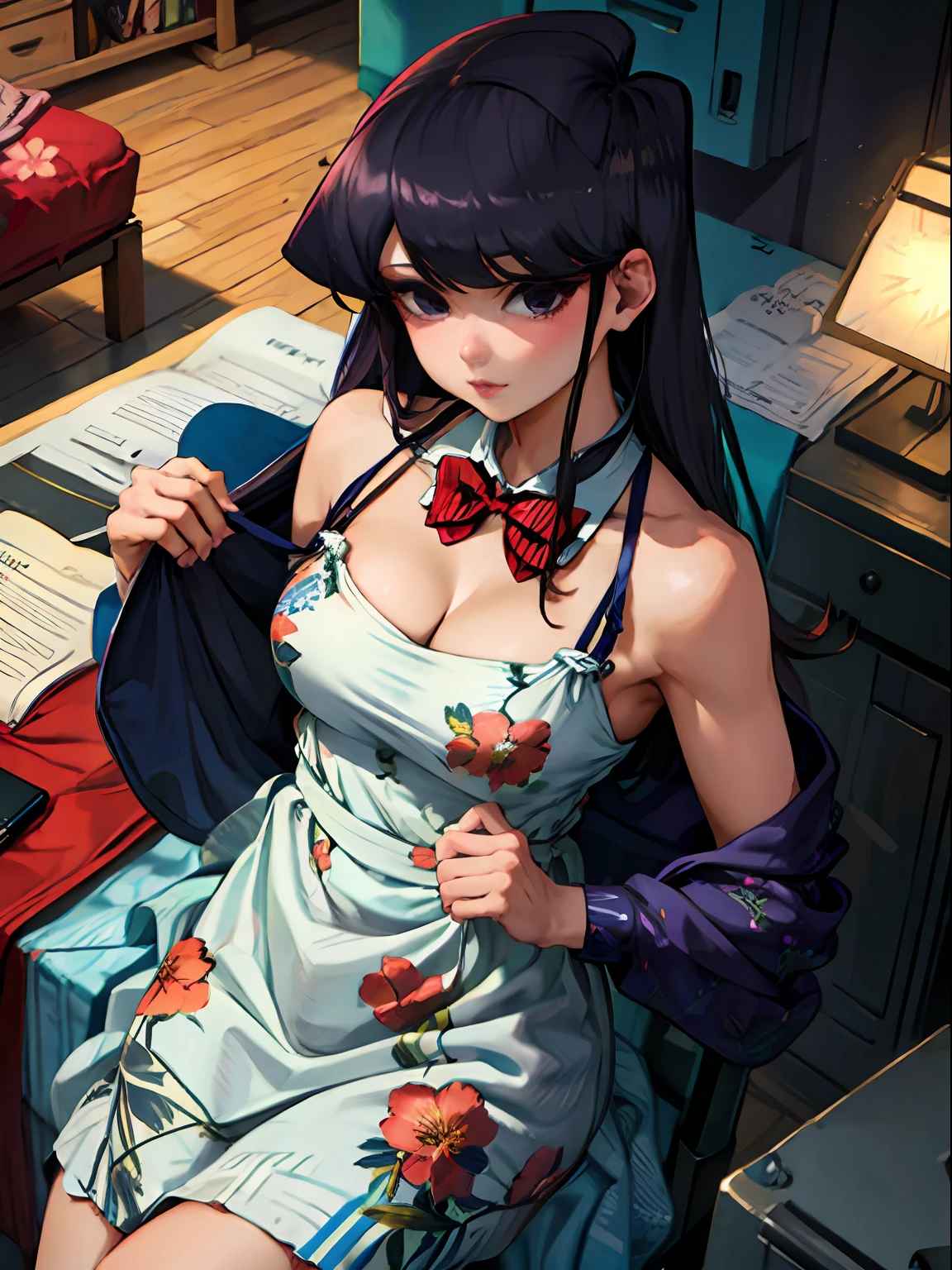 Komi Shouko, blaues Blumenkleid mit Dekolleté