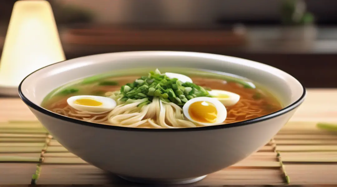 A bowl of noodle soup, Boiled eggs, At the dinner table, Green onion chili pepper in the background, Verism, Minimalism, High detail, Depth of field, Cinematic lighting, hyper HD, Masterpiece, ccurate, High details, High quality, High quality, Best quality...