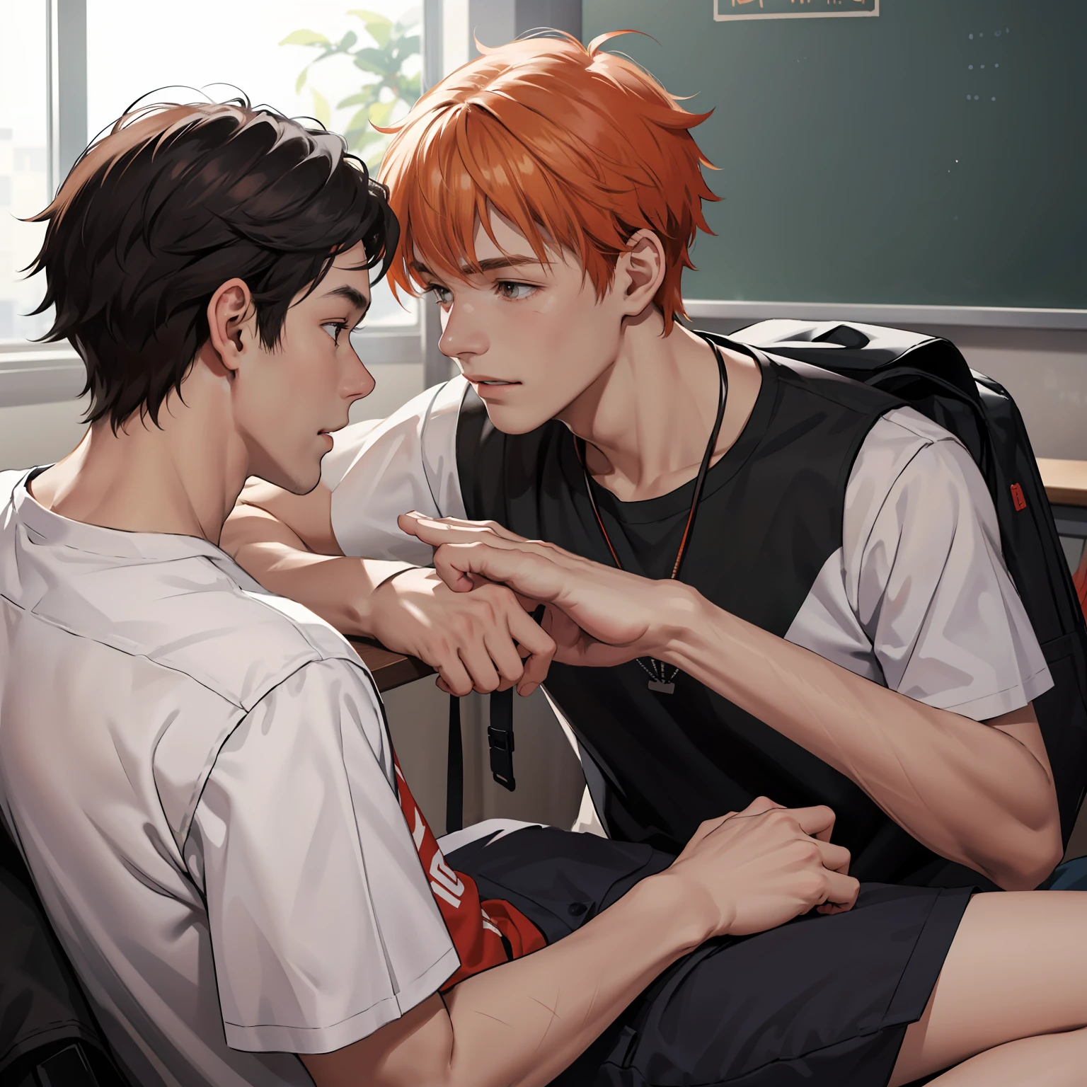 Two 15-year-old orange-haired teenage friends are talking, conversan, parlean  en la escuela comparten un secreto de que son casi amigos de hermanos... (usar los mismo personajes)