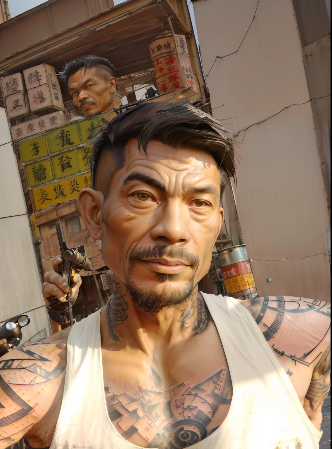 masterpiece, best quality, highres, 1man, on the street, gloomy, (metal steel building:1.1), focus on background,  upper body, strong taiwanese man, (large arms tattoo:1.4), gangster, shirt, tank top, holding weapon, (pistol:1.3),  A variety of signs on the road in Taiwan, many motorcycles parked on sidewalk, buildings made of corrugated metal, dirty trash,