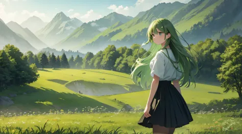 On a green meadow，Standing was a girl with long hair wearing a short skirt
break
Behind her，A green forest stretches out，Mountains in the distance。
break
The most suitable effect for this scene is the watercolor technique，to capture the softness of the gra...