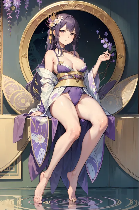 Personification of wisteria flowers、Wearing a kimono、Frame Japan Village、Decorative panel、abstract  art、By Alphonse Mucha (​masterpiece、top-quality、hight resolution: 1.4)、More about realism、intricate-detail、4K、color splashes、line-drawing、Fibonacci、Tarot Ca...