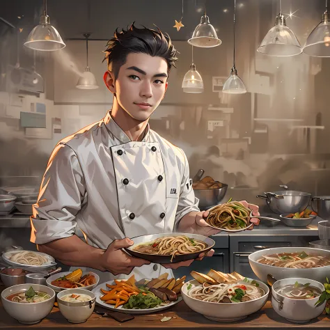 A young and handsome chef stands in front of the camera，Holding a tempting bowl of beef noodles,in the style of the stars art group xing xing, 32k, best quality, masterpiece, super detail,