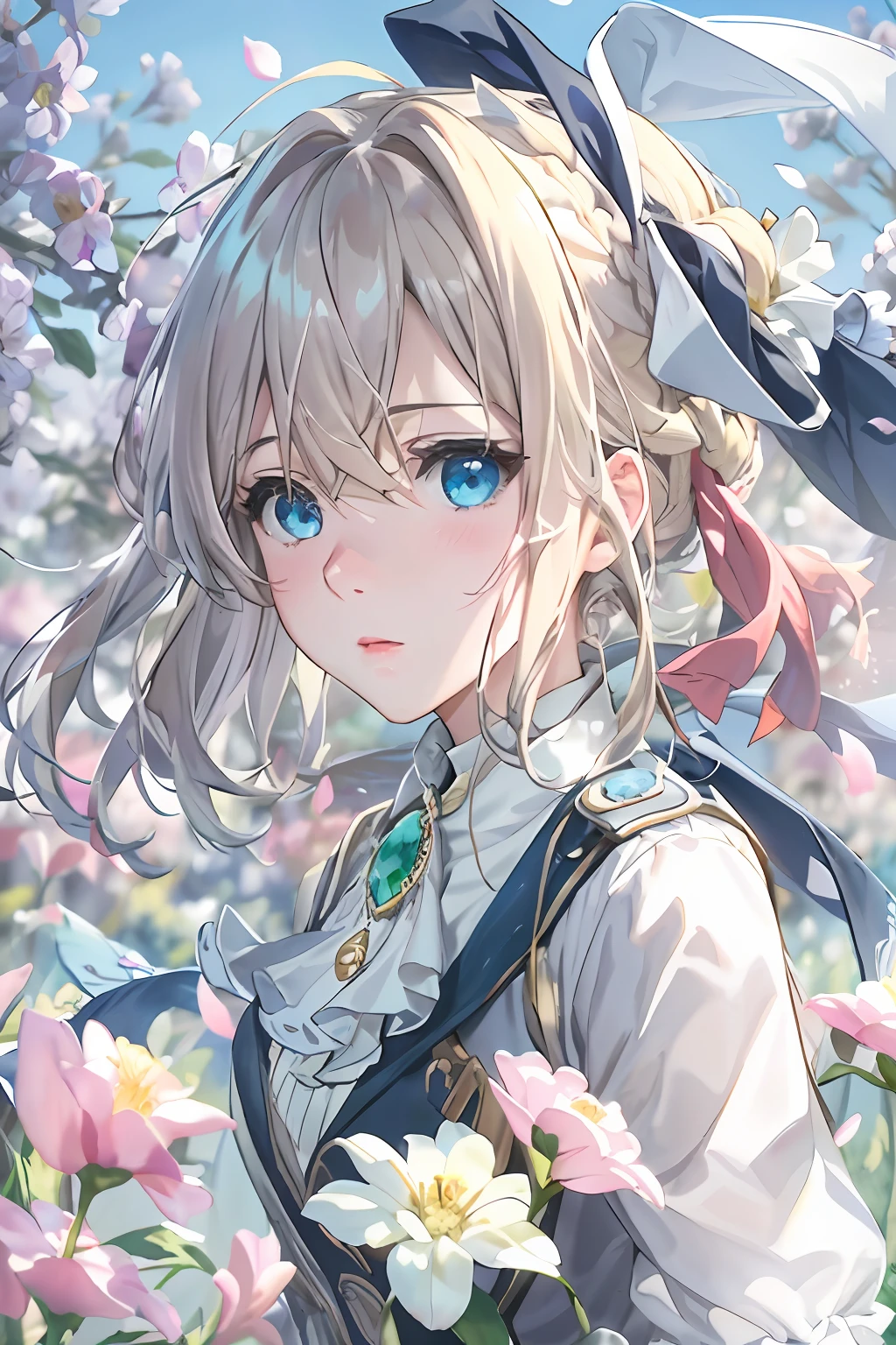 (Dynamic Angle: 1.3), Wind, Movie Highlight, Tyndall Effect, 1 Girl, Upper Body, Arms Up, Look at the Audience, Extreme Close Up, violet_evergarden, Solo, Jewelry, Expressionless, Brooch, blonde_hair, ( Vevry Long Hair: 1.2), messy_hair, Floating hairlong_sleeves, Ribbon, blue_eyes, Jacket, Dress, Gemstone, hair_ ribbon, sky, depth_of_field, flower fields, fluttering petals