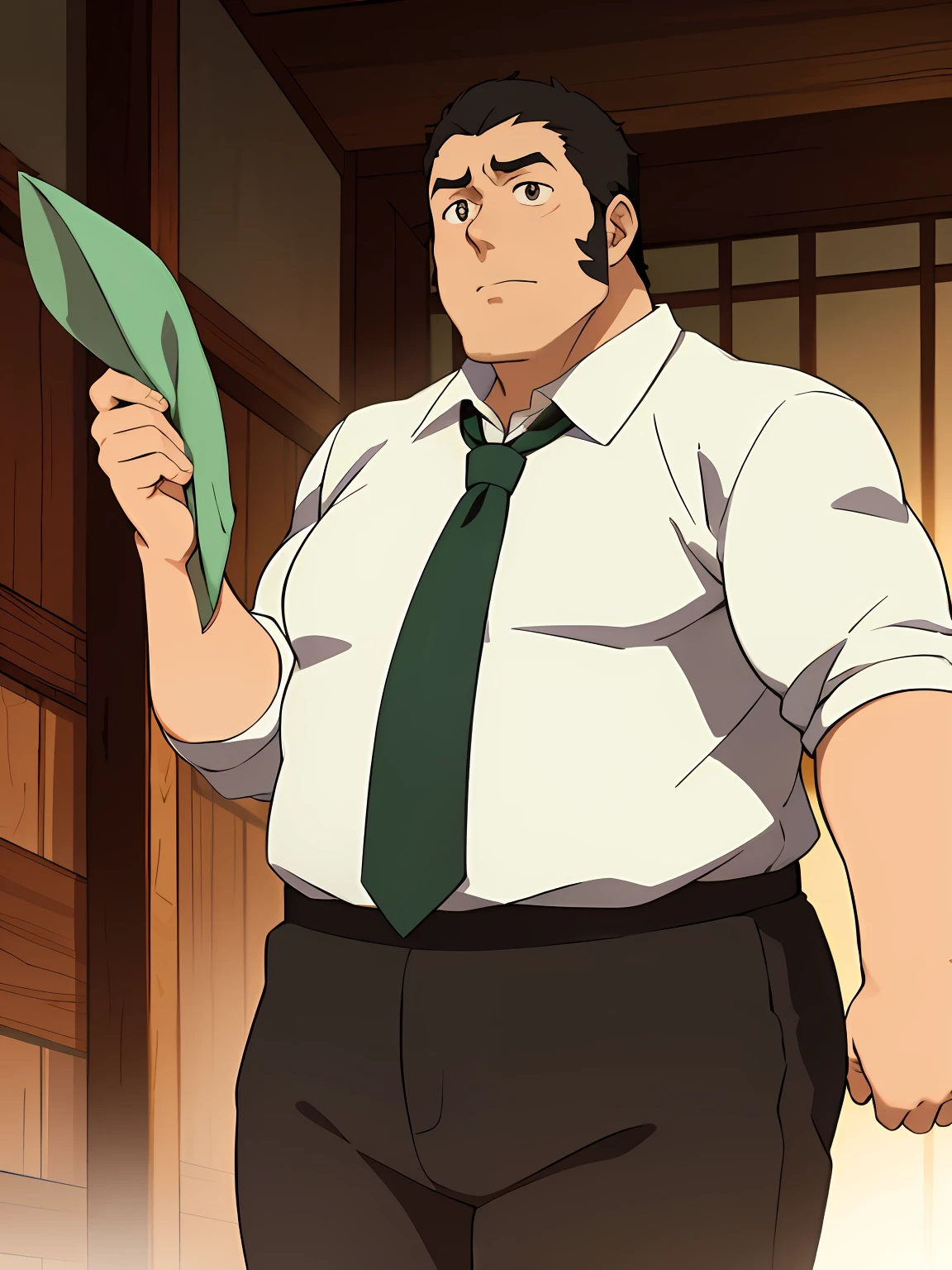 Anime man in white shirt and green tie holding a green leaf - SeaArt AI